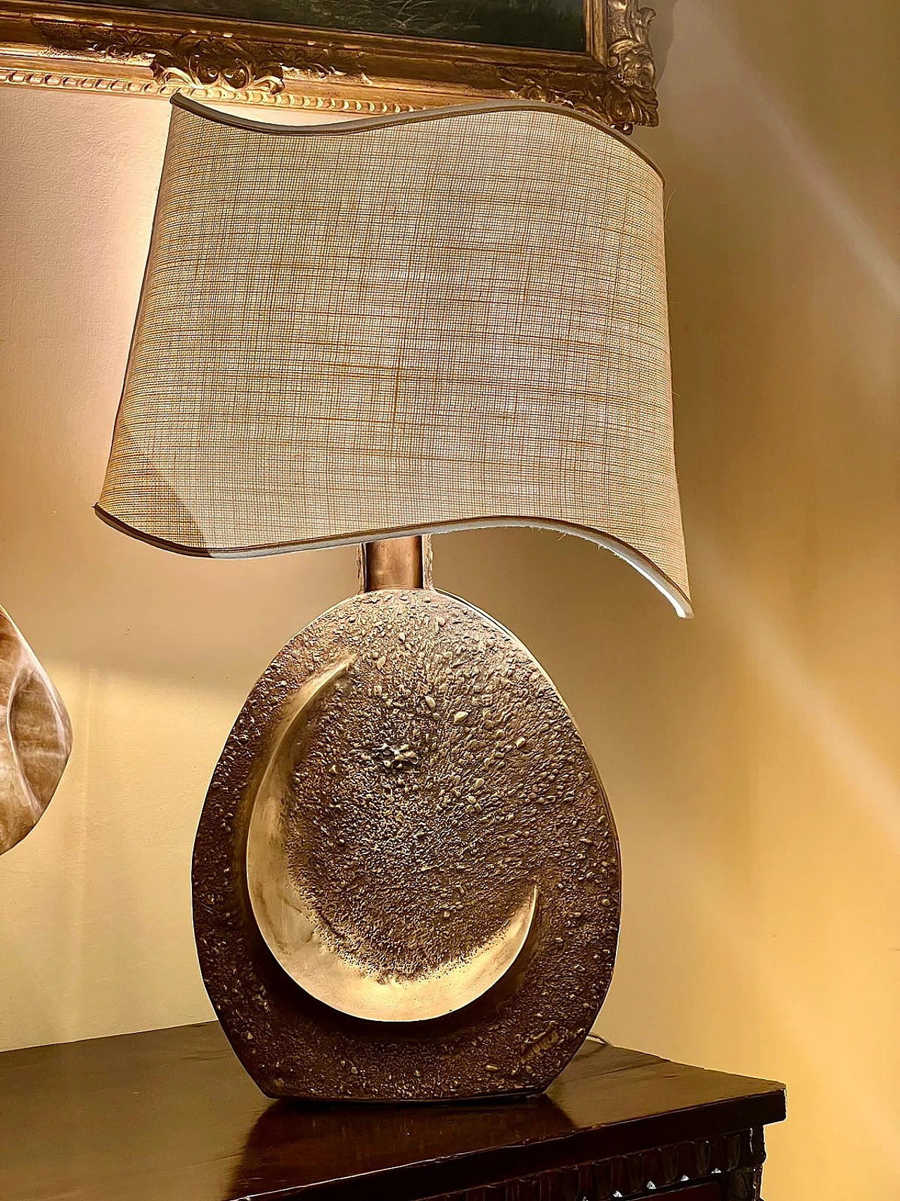 Table lamp with bronze base and fabric lampshade by Pragos, 1960s 8