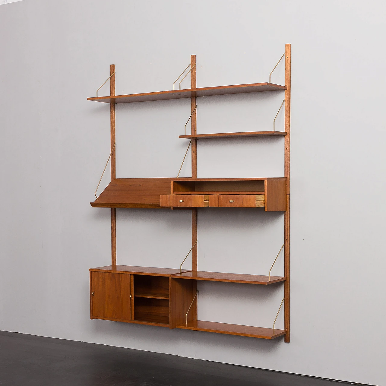 Teak and brass hanging bookcase in the style of Cadovius, 1960s 5