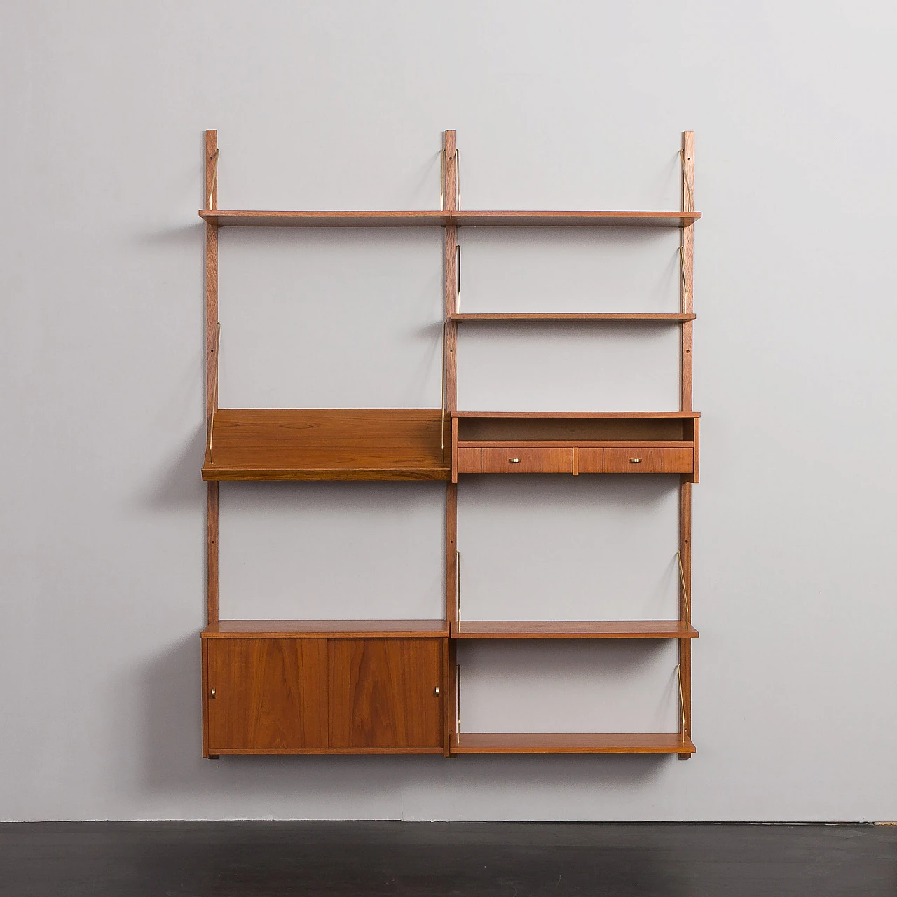 Teak and brass hanging bookcase in the style of Cadovius, 1960s 9