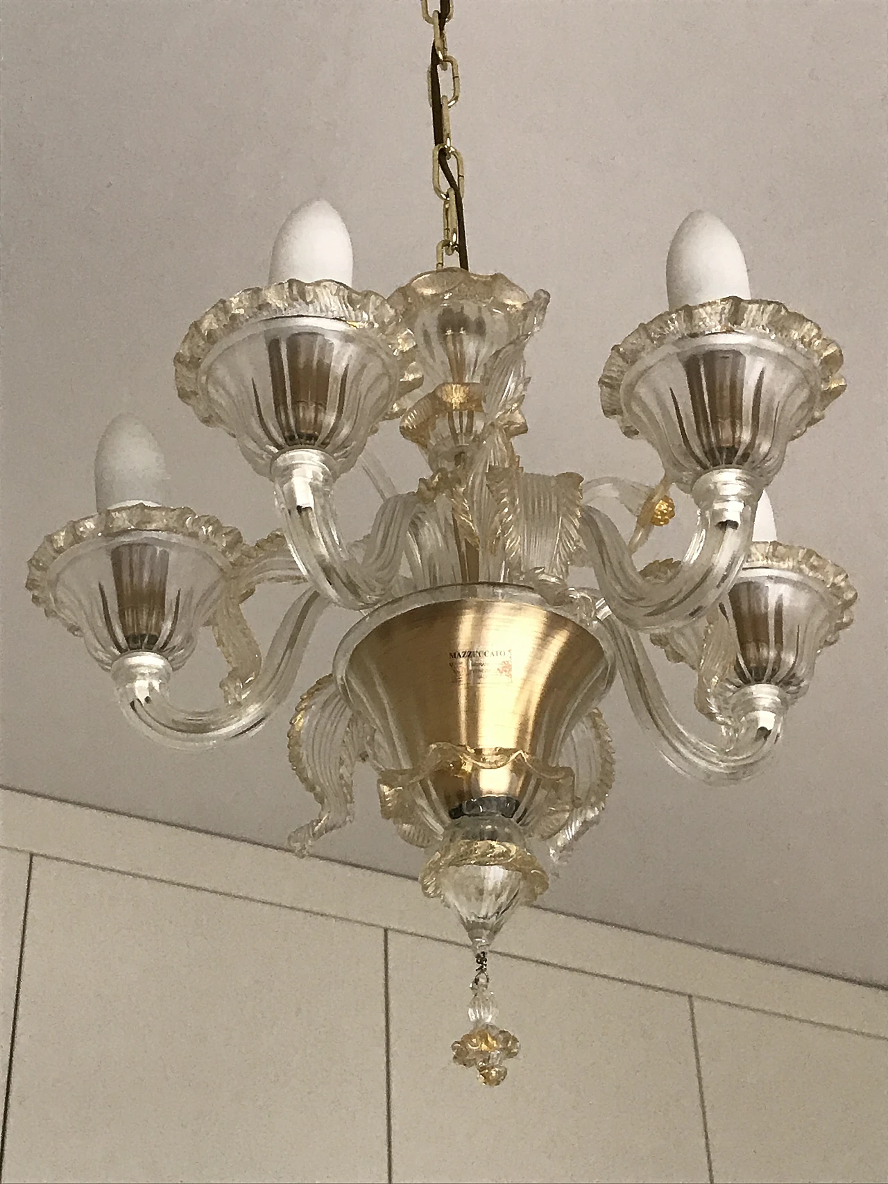 Lampadario in vetro di Murano trasparente e dorato di Mazzucato 2