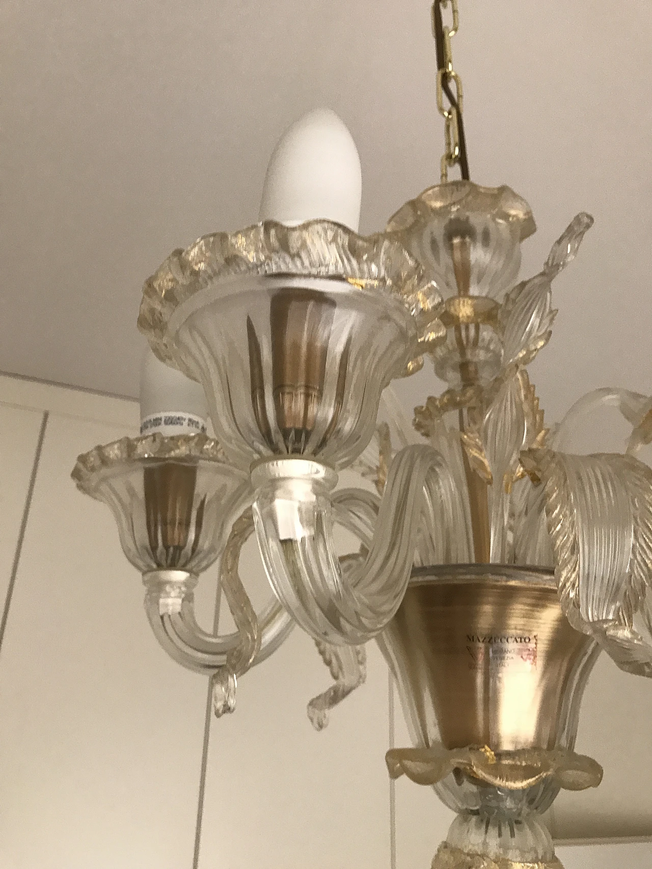 Lampadario in vetro di Murano trasparente e dorato di Mazzucato 8