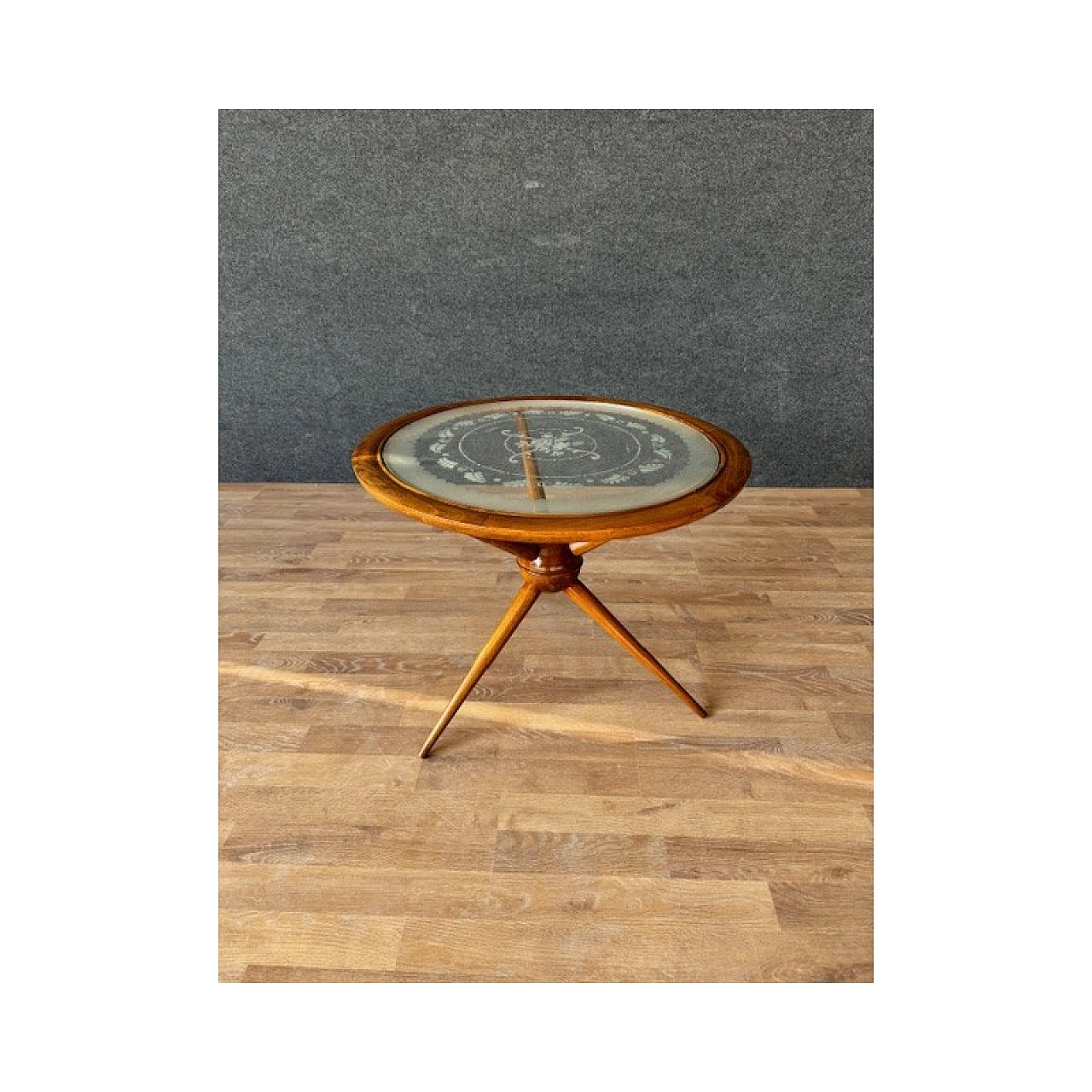 Round blond beech and decorated glass coffee table, 1950s 4