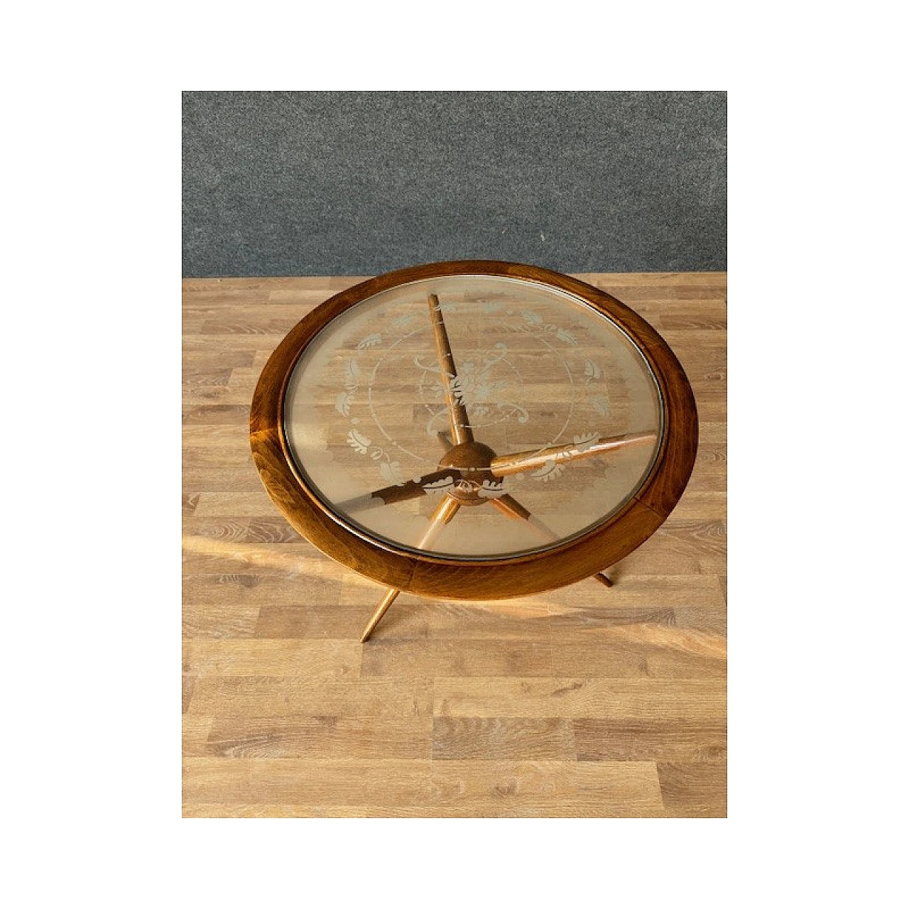 Round blond beech and decorated glass coffee table, 1950s 5