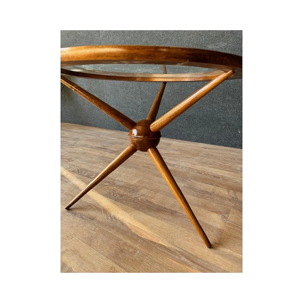 Round blond beech and decorated glass coffee table, 1950s 10