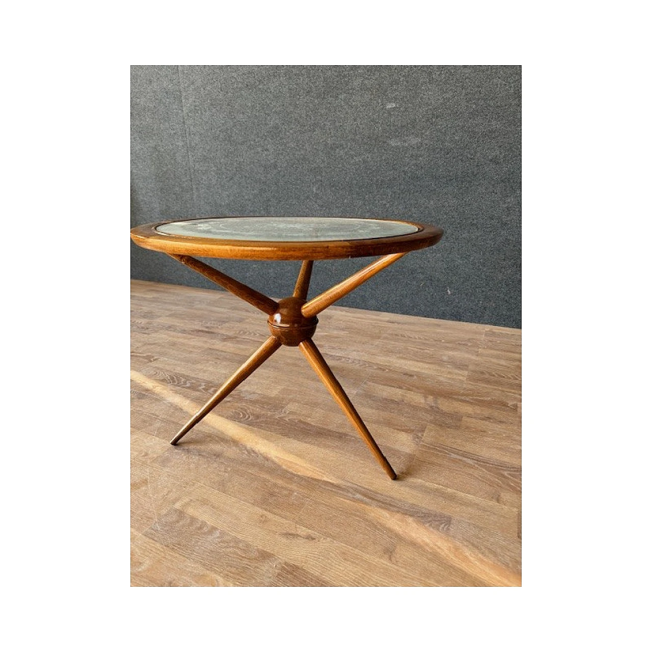 Round blond beech and decorated glass coffee table, 1950s 11