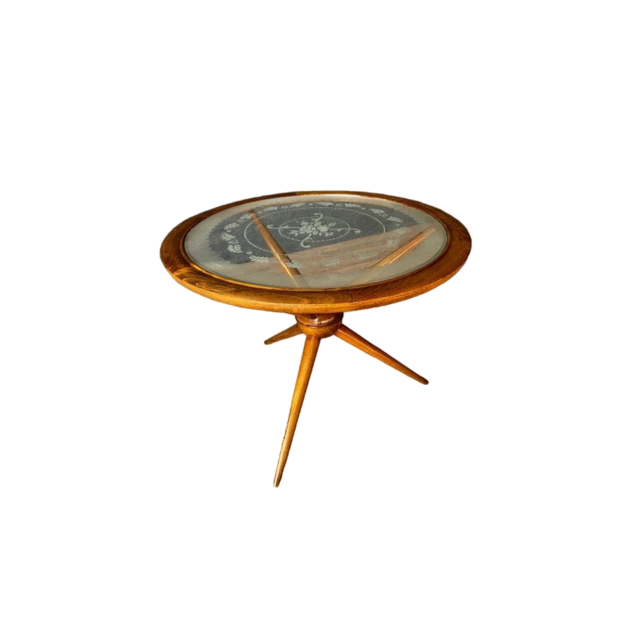 Round blond beech and decorated glass coffee table, 1950s 14