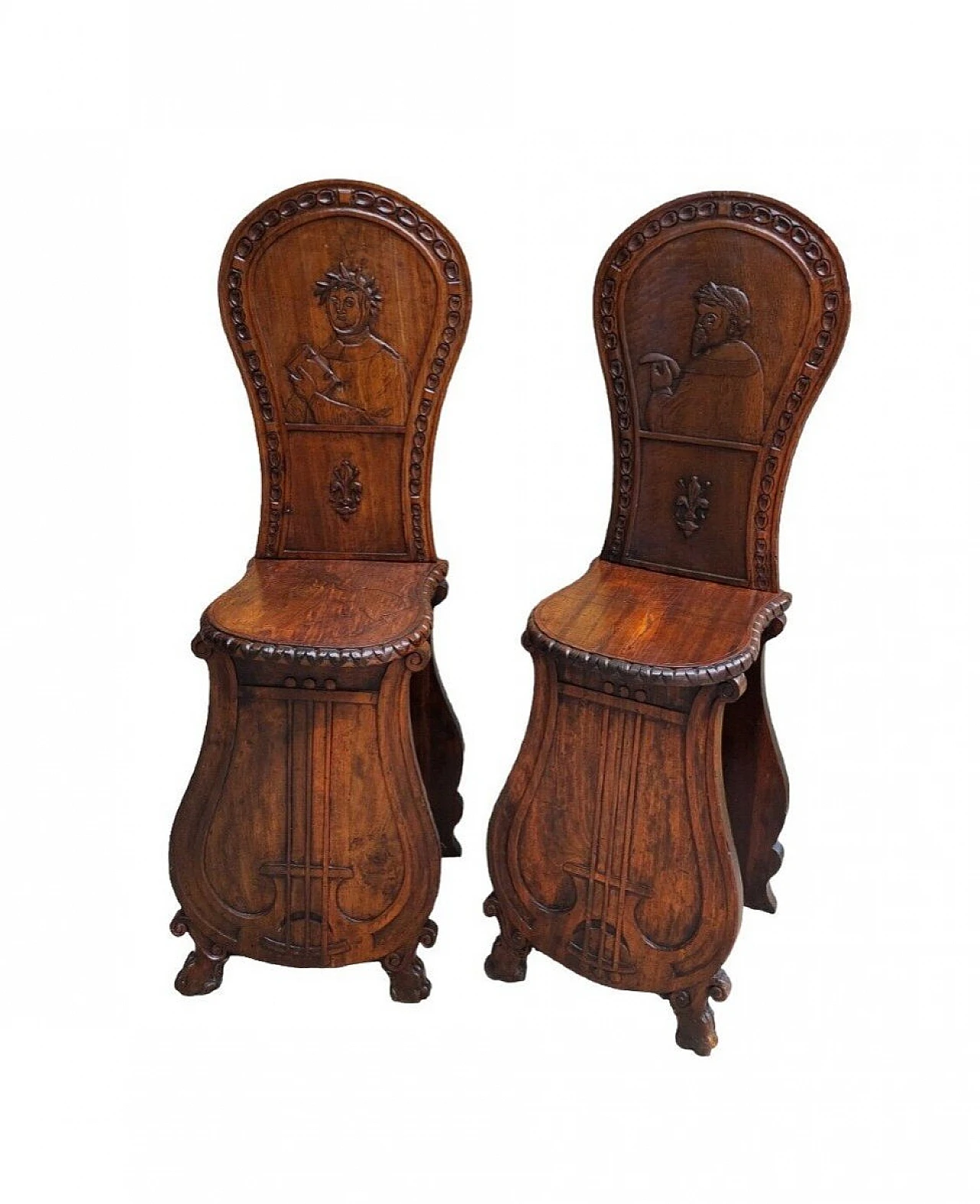 Pair of carved wood chairs with poets and lyre, late 19th century 1