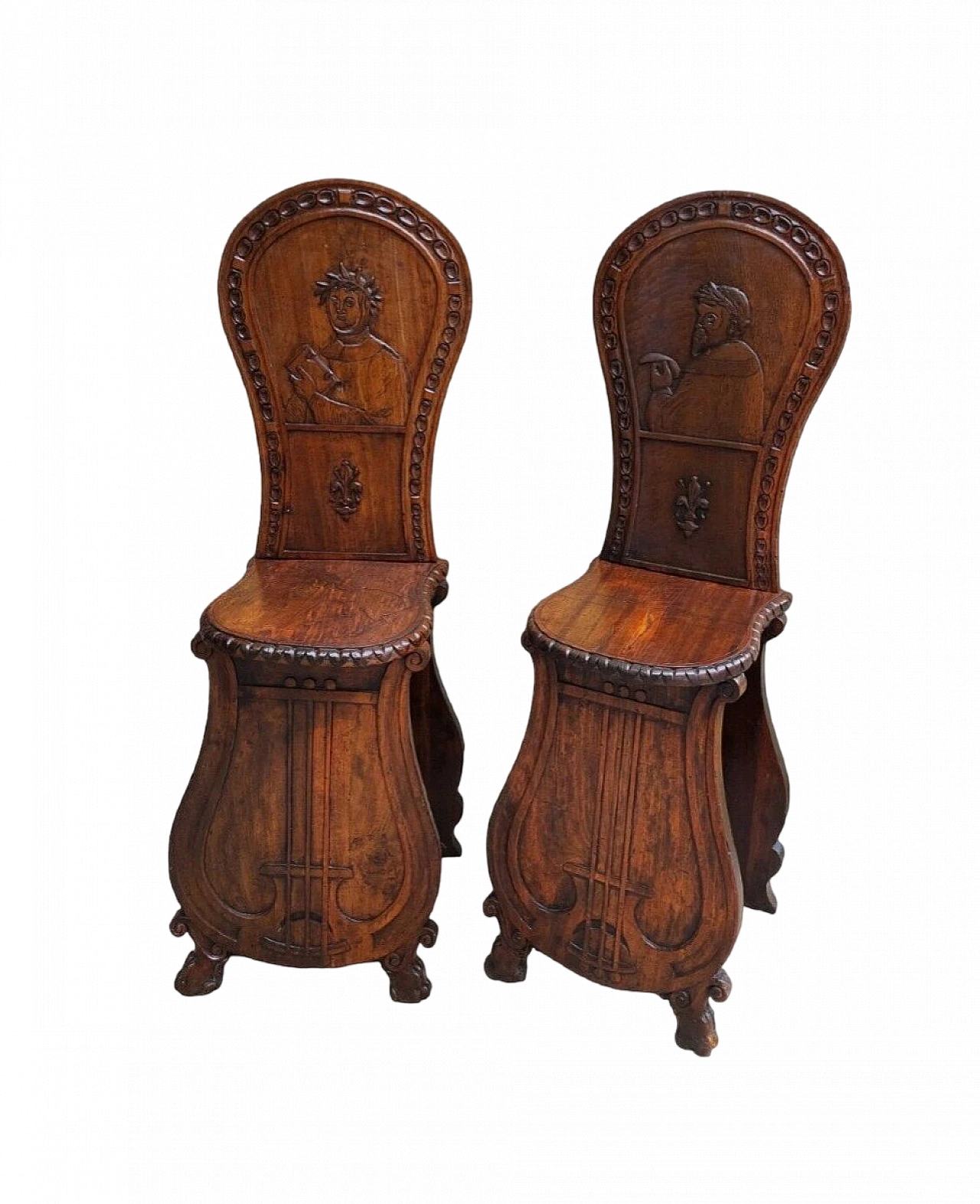 Pair of carved wood chairs with poets and lyre, late 19th century 2