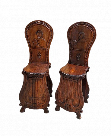 Pair of carved wood chairs with poets and lyre, late 19th century