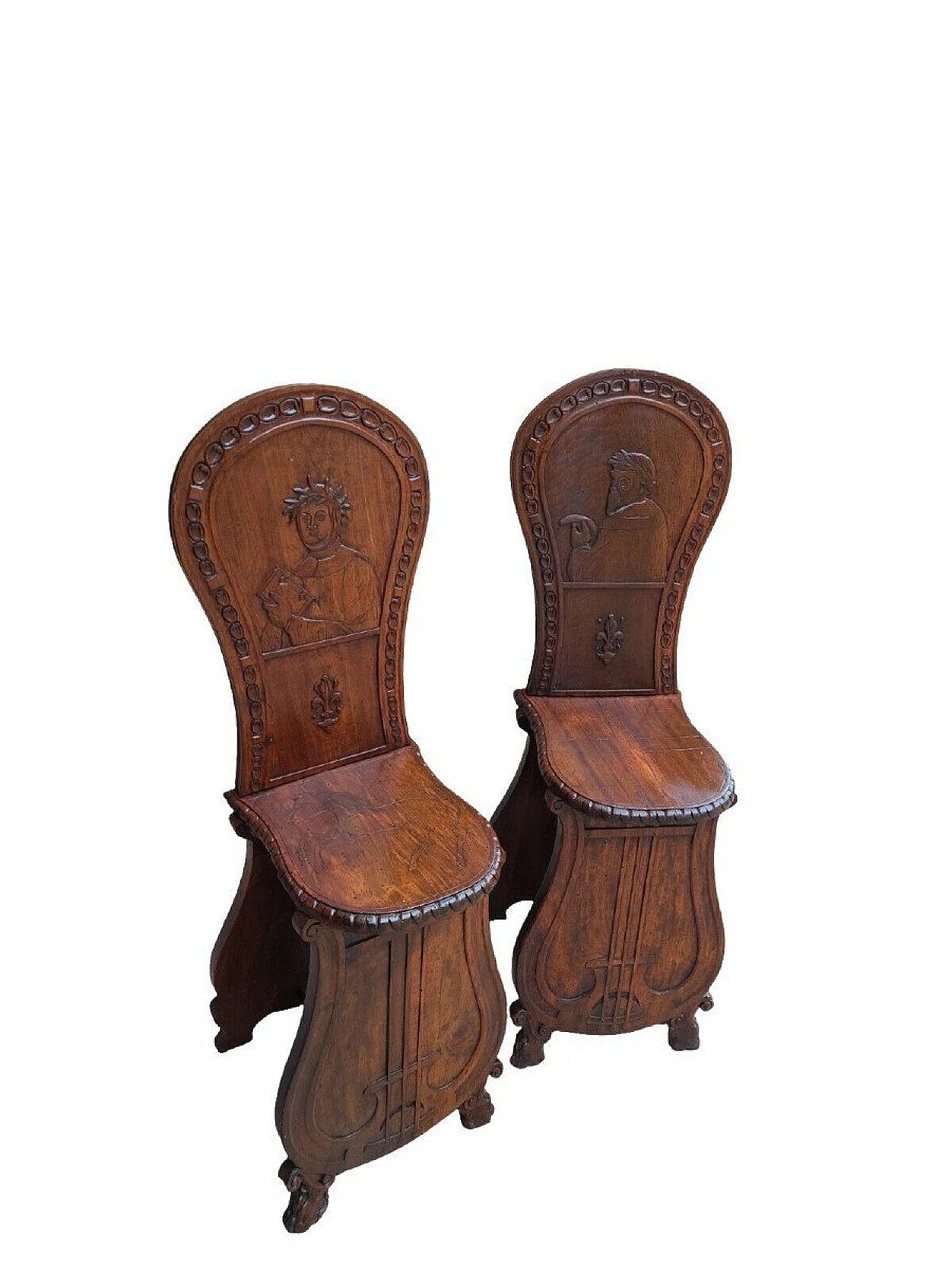 Pair of carved wood chairs with poets and lyre, late 19th century 3