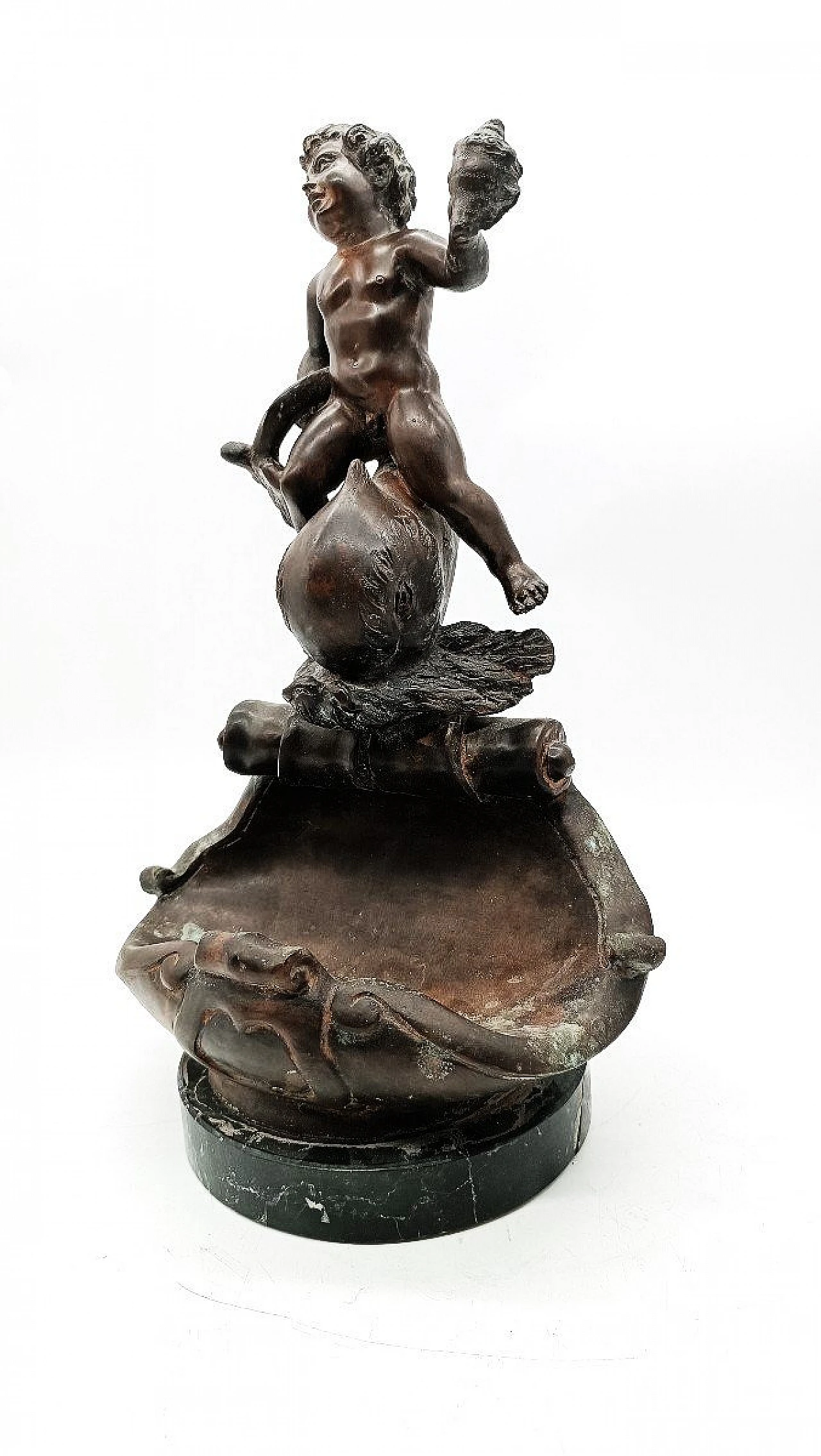 V. Cinque, putto with dolphin, bronze sculpture, late 19th century 4