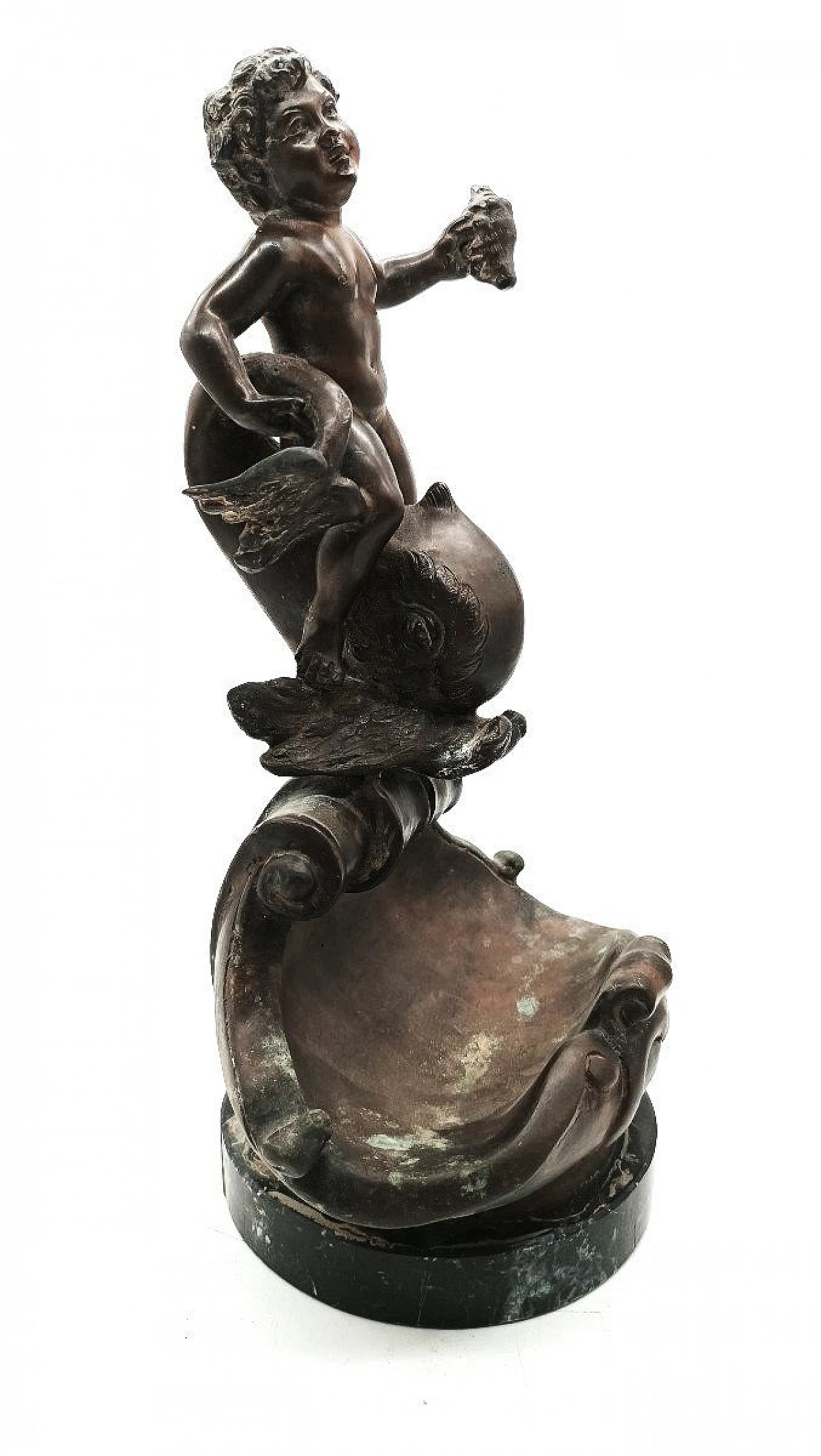 V. Cinque, putto with dolphin, bronze sculpture, late 19th century 6