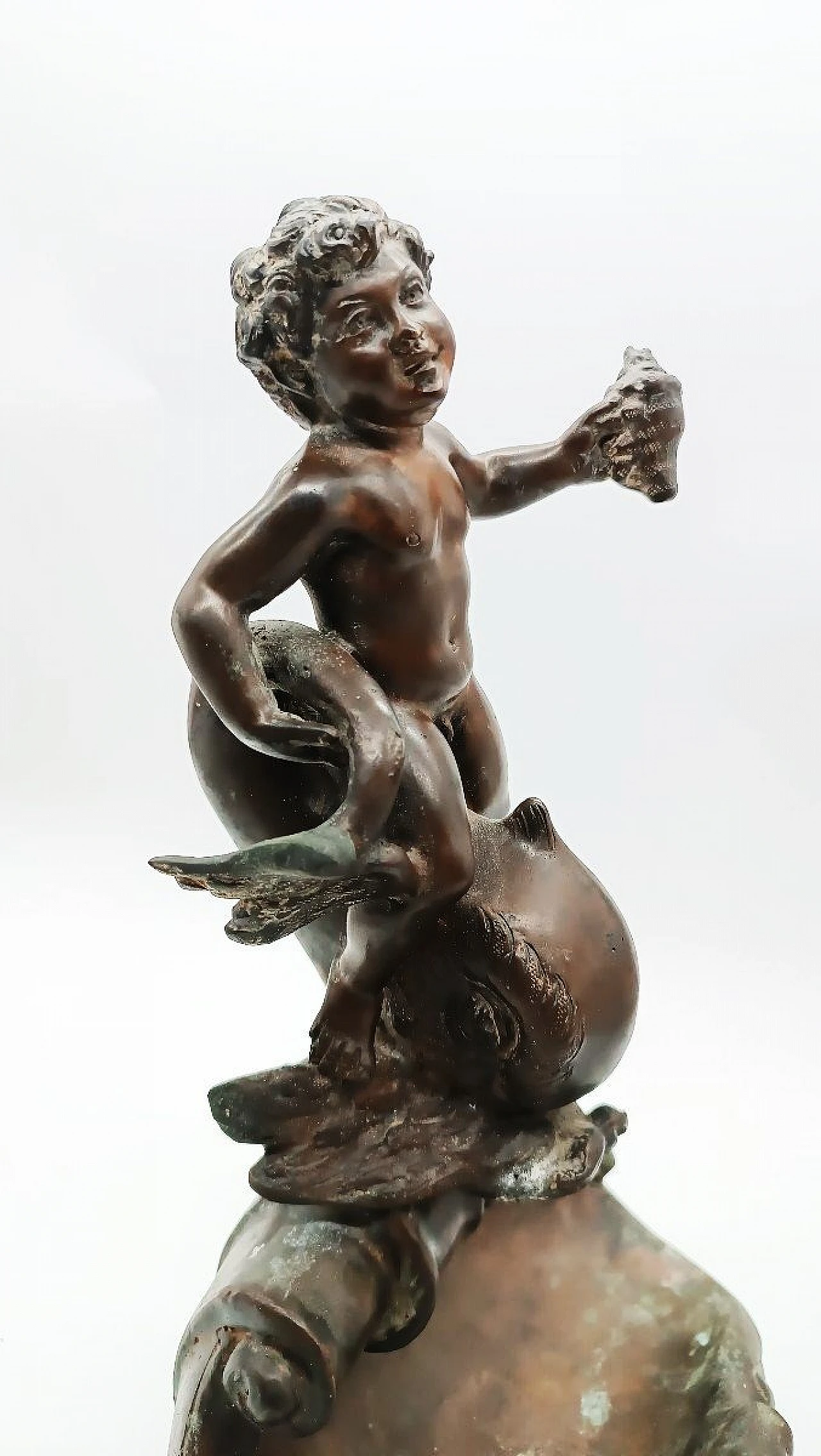 V. Cinque, putto with dolphin, bronze sculpture, late 19th century 11