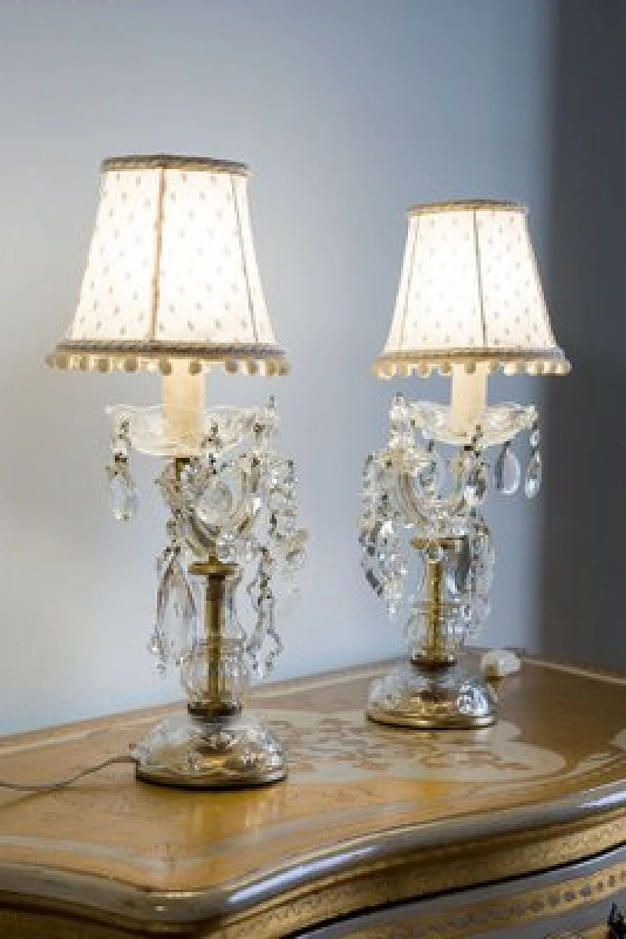 Pair of crystal Crybat-Jour with tulle lampshade, 1940s 2