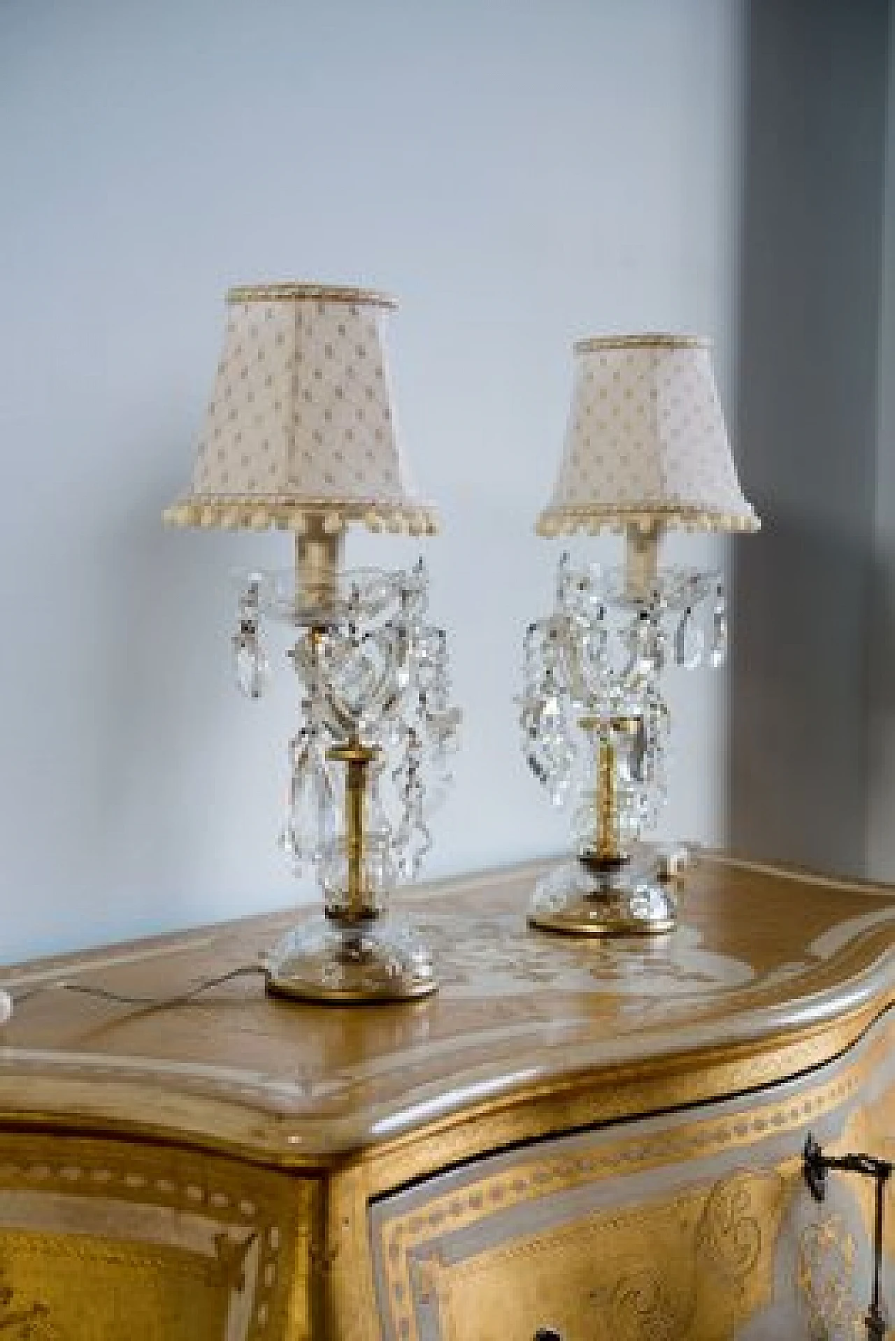 Pair of crystal Crybat-Jour with tulle lampshade, 1940s 6