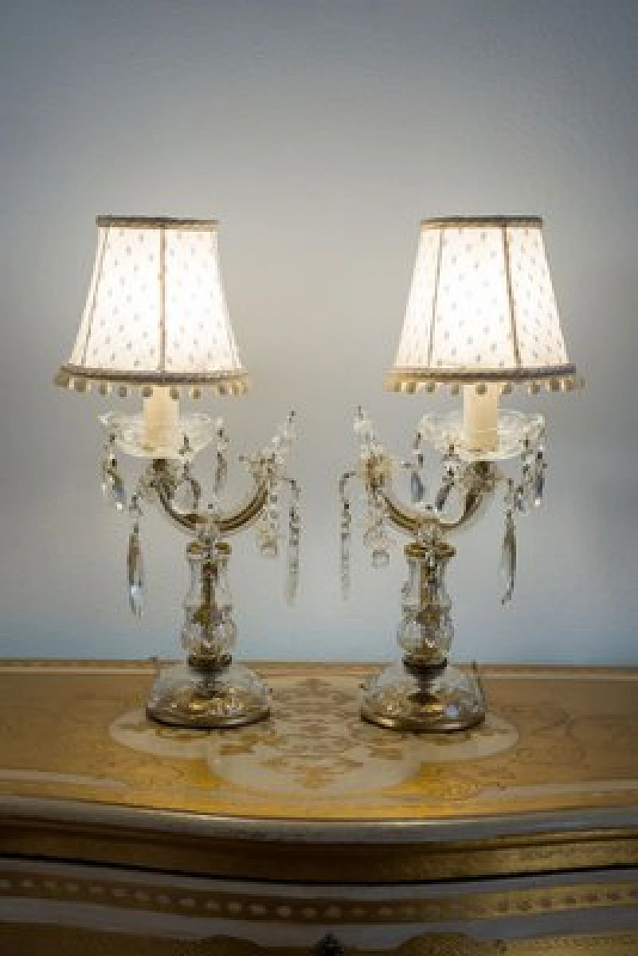 Pair of crystal Crybat-Jour with tulle lampshade, 1940s 8