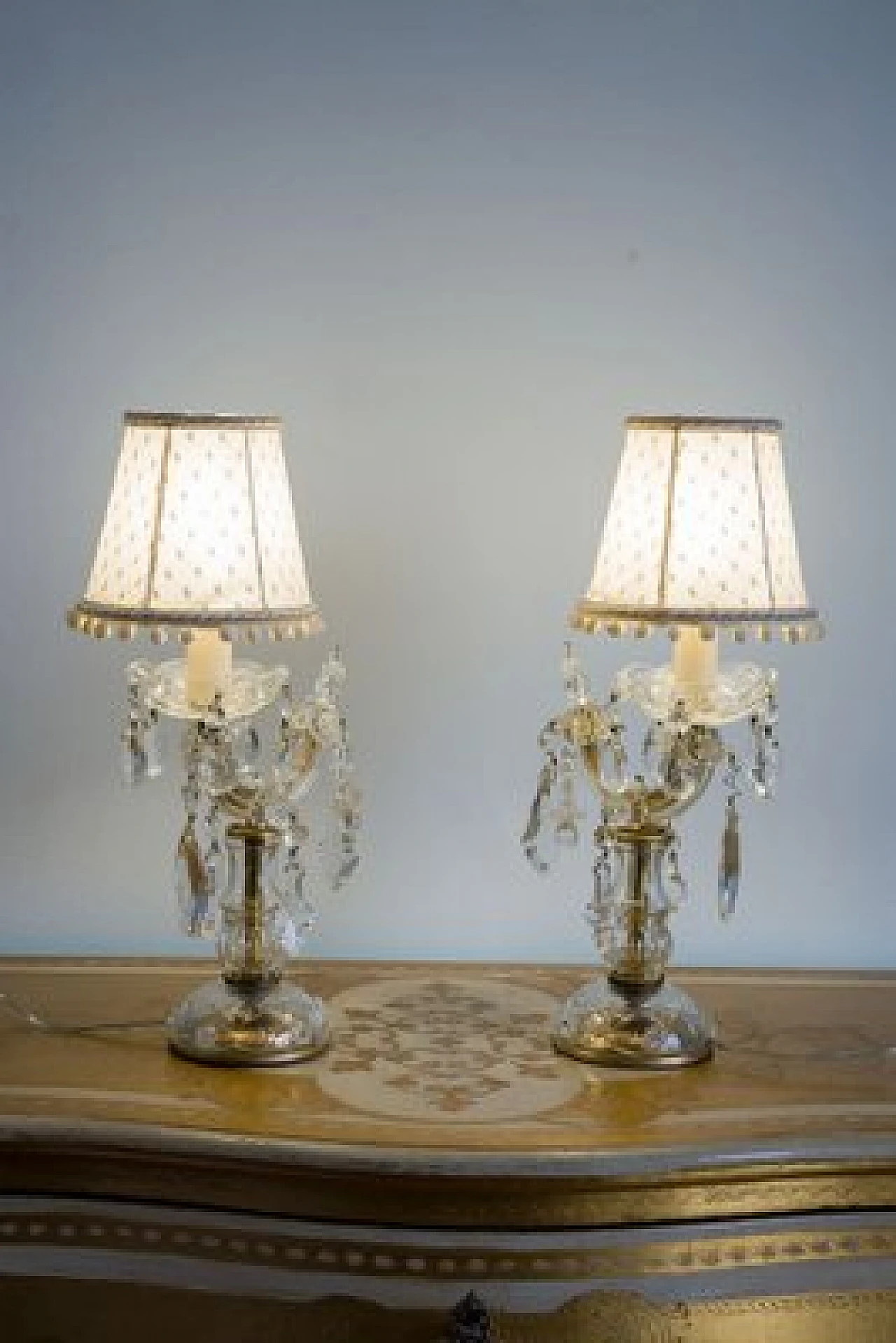 Pair of crystal Crybat-Jour with tulle lampshade, 1940s 12