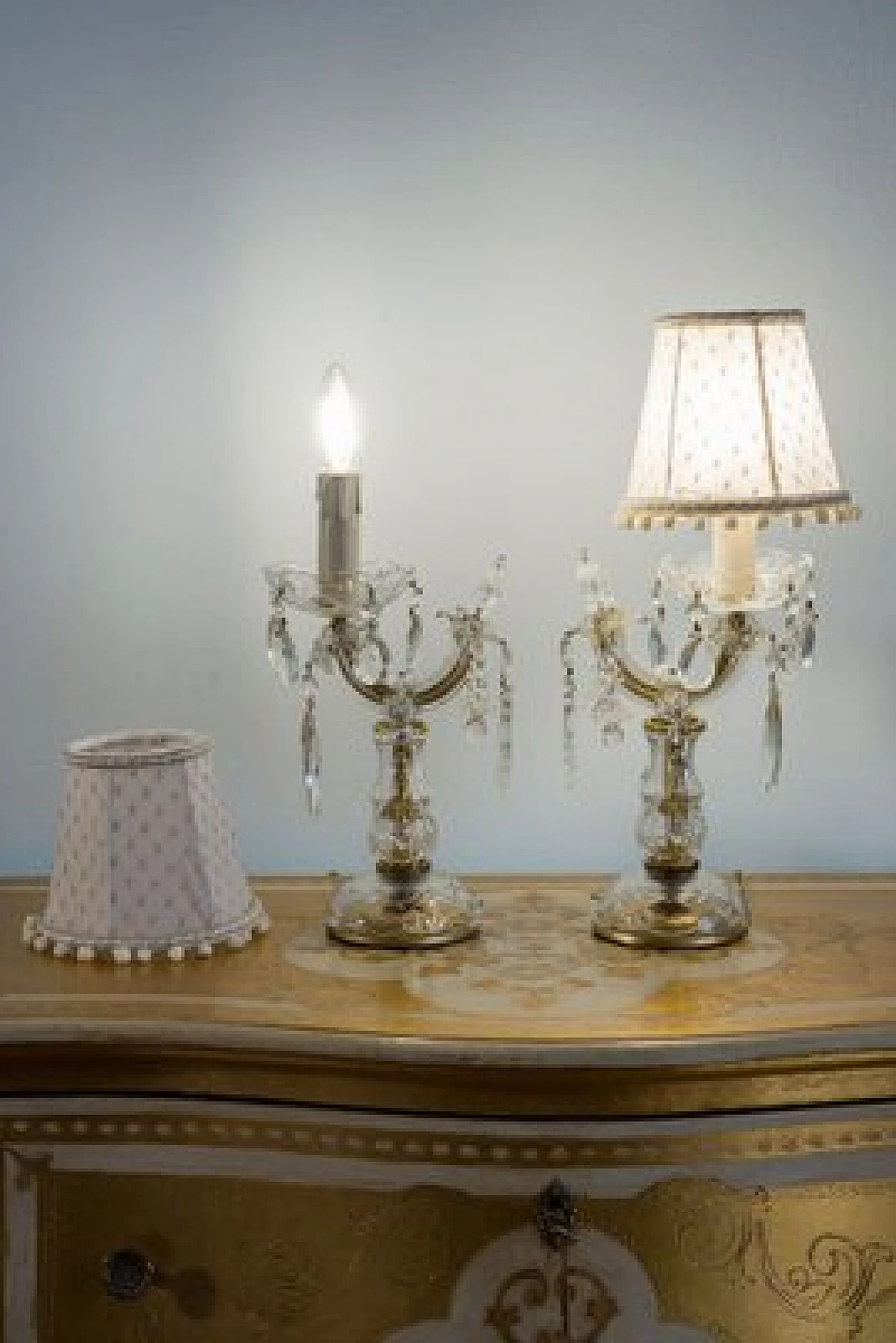 Pair of crystal Crybat-Jour with tulle lampshade, 1940s 13