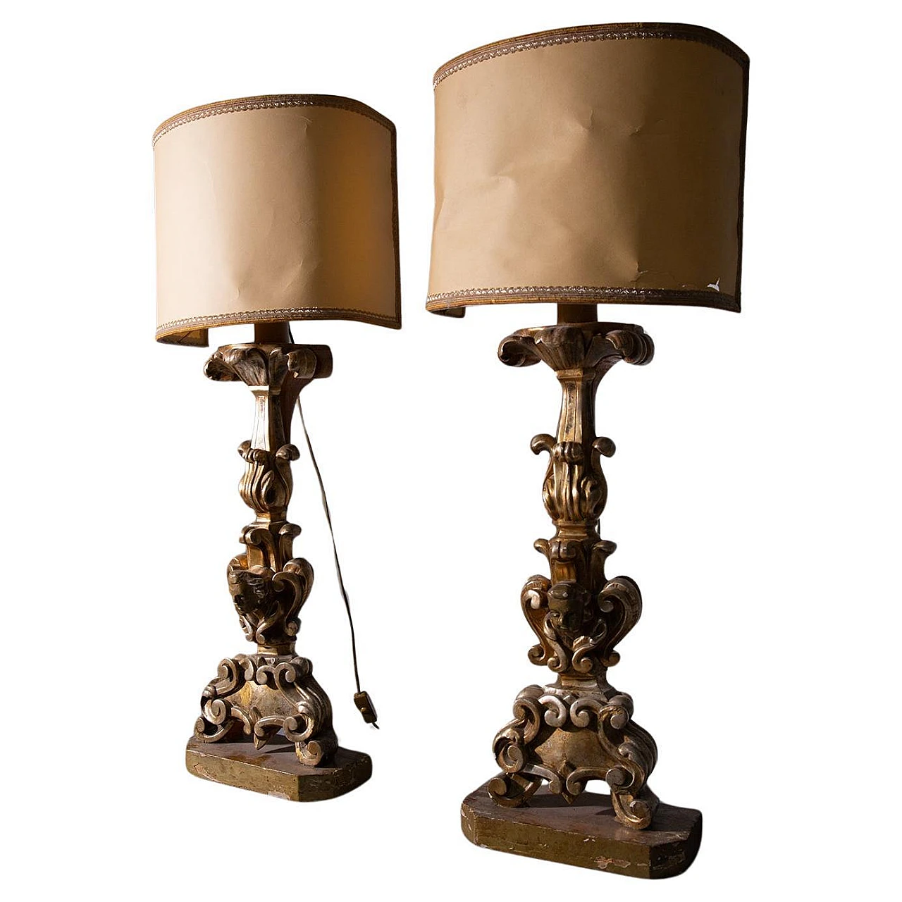 Pair of gilded wooden lamps by Pietro Cipriani, 19th century 1