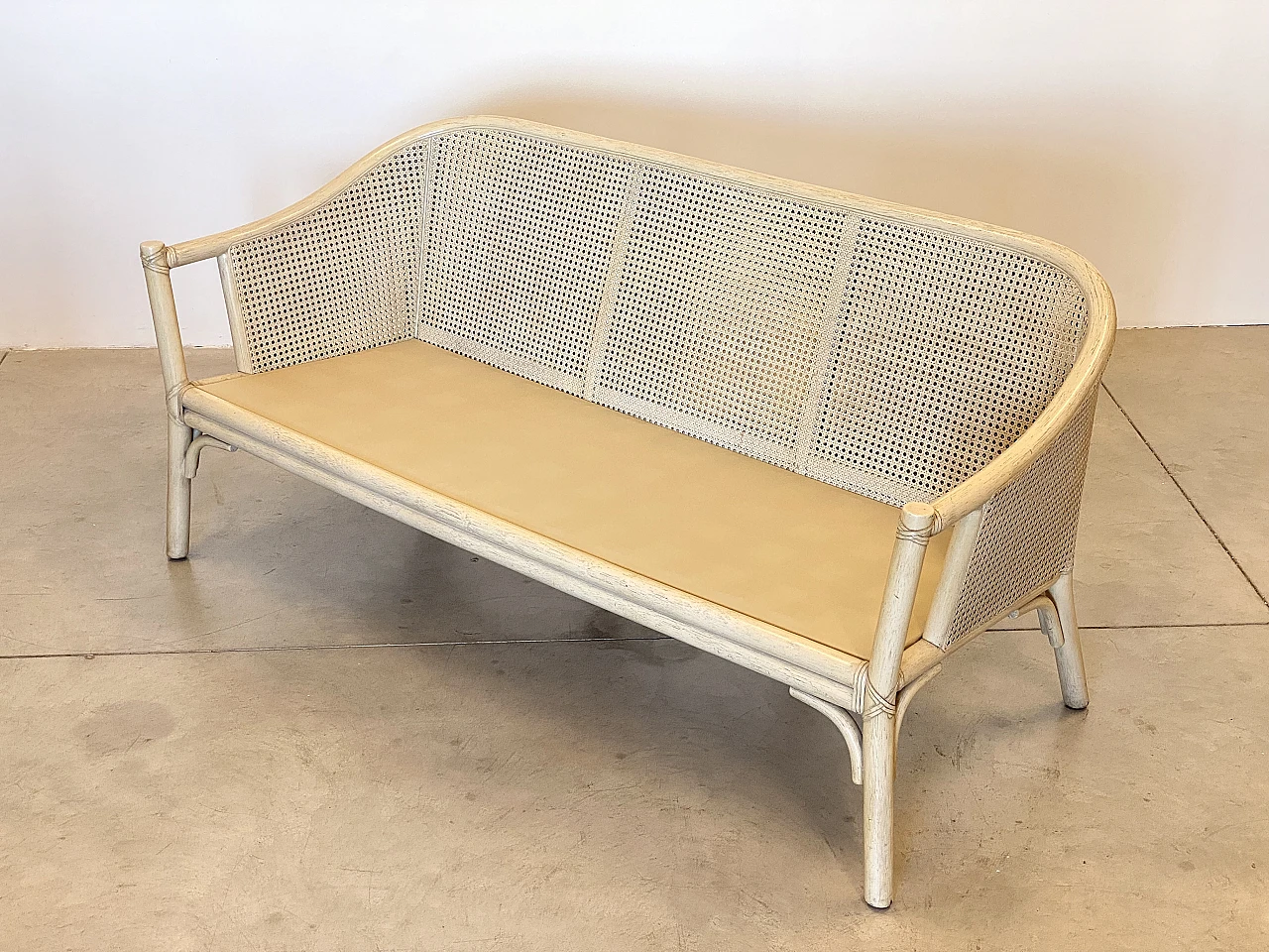 Sofa in laquered wood and Vienna straw with cushions by McGuire, 1970s 15