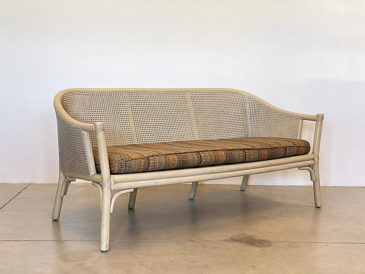 Sofa in laquered wood and Vienna straw with cushions by McGuire, 1970s 18