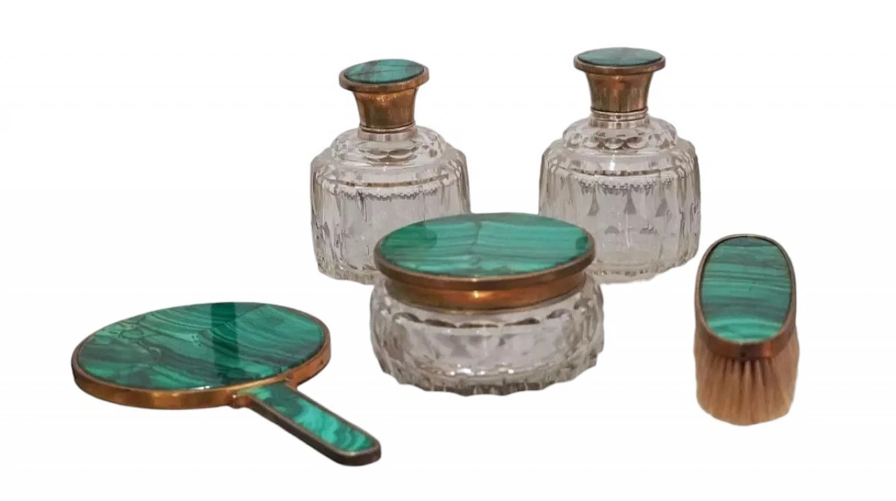 Articoli da bagno in malachite e cristallo molato e argento, anni '30 6