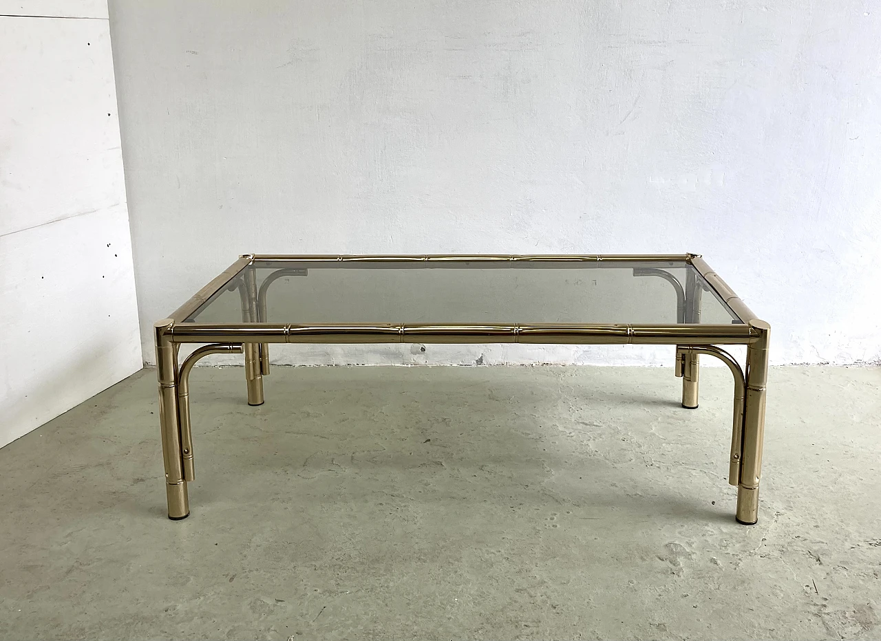 Coffee table with bamboo-shaped brass structure & glass top, 1970s 1