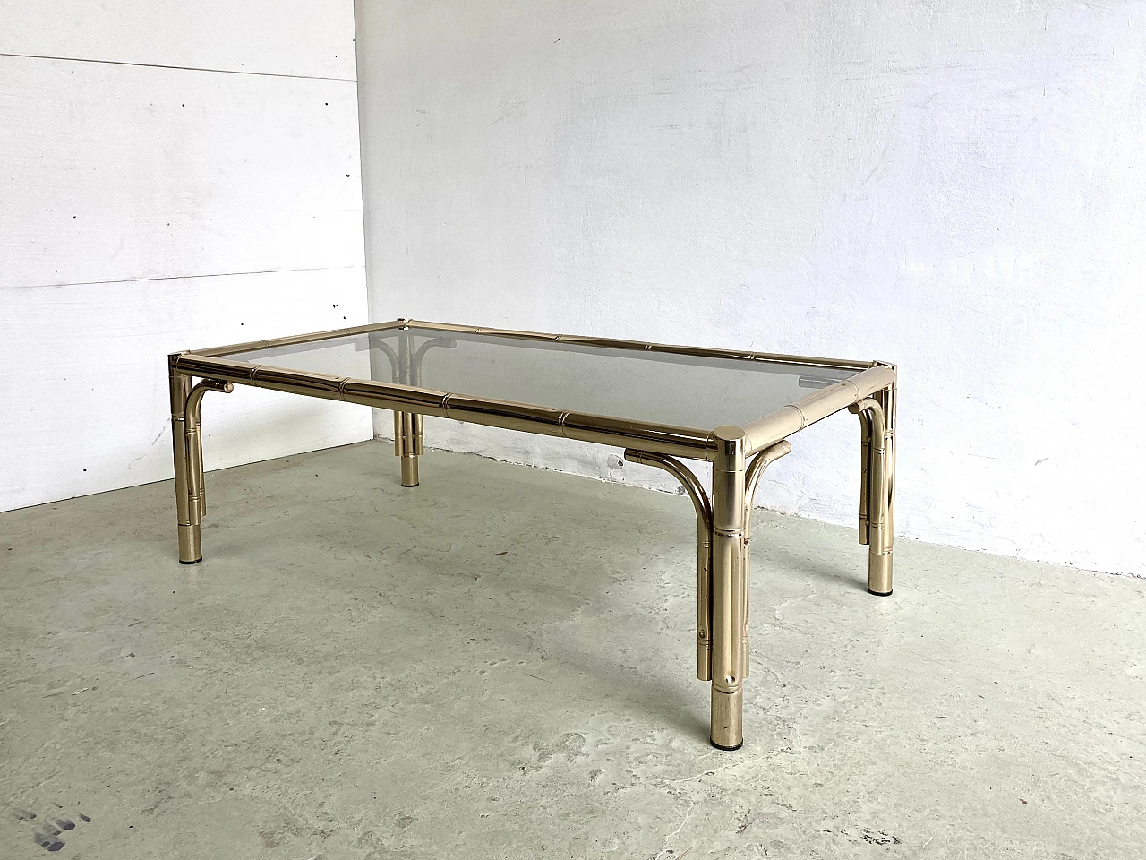 Coffee table with bamboo-shaped brass structure & glass top, 1970s 2