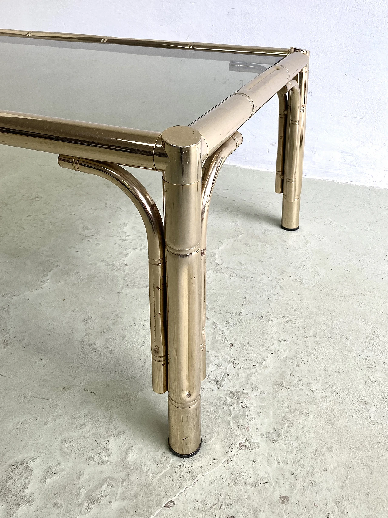 Coffee table with bamboo-shaped brass structure & glass top, 1970s 3