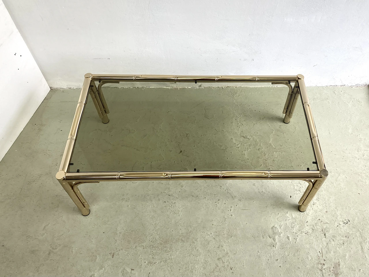 Coffee table with bamboo-shaped brass structure & glass top, 1970s 4