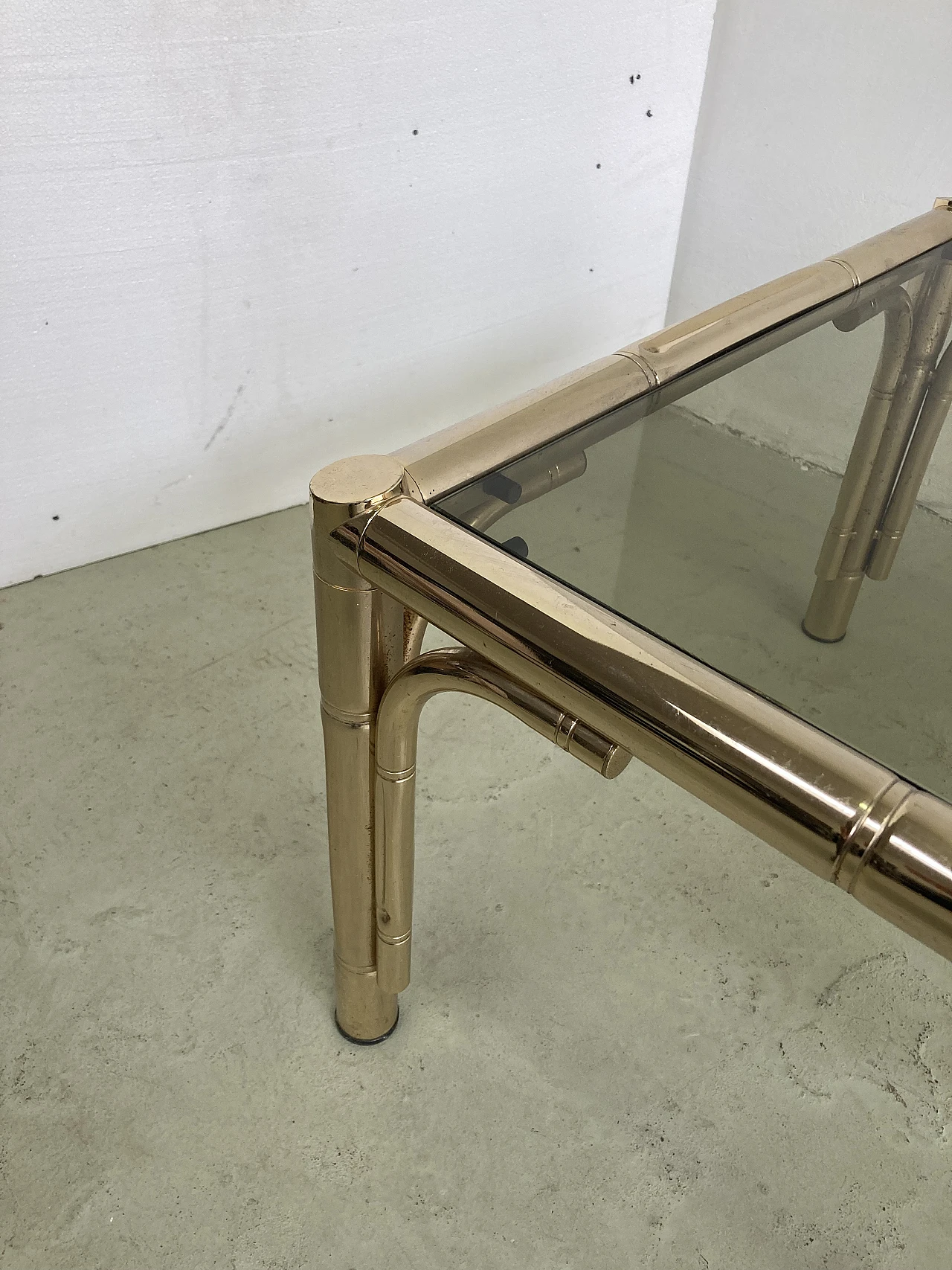 Coffee table with bamboo-shaped brass structure & glass top, 1970s 5