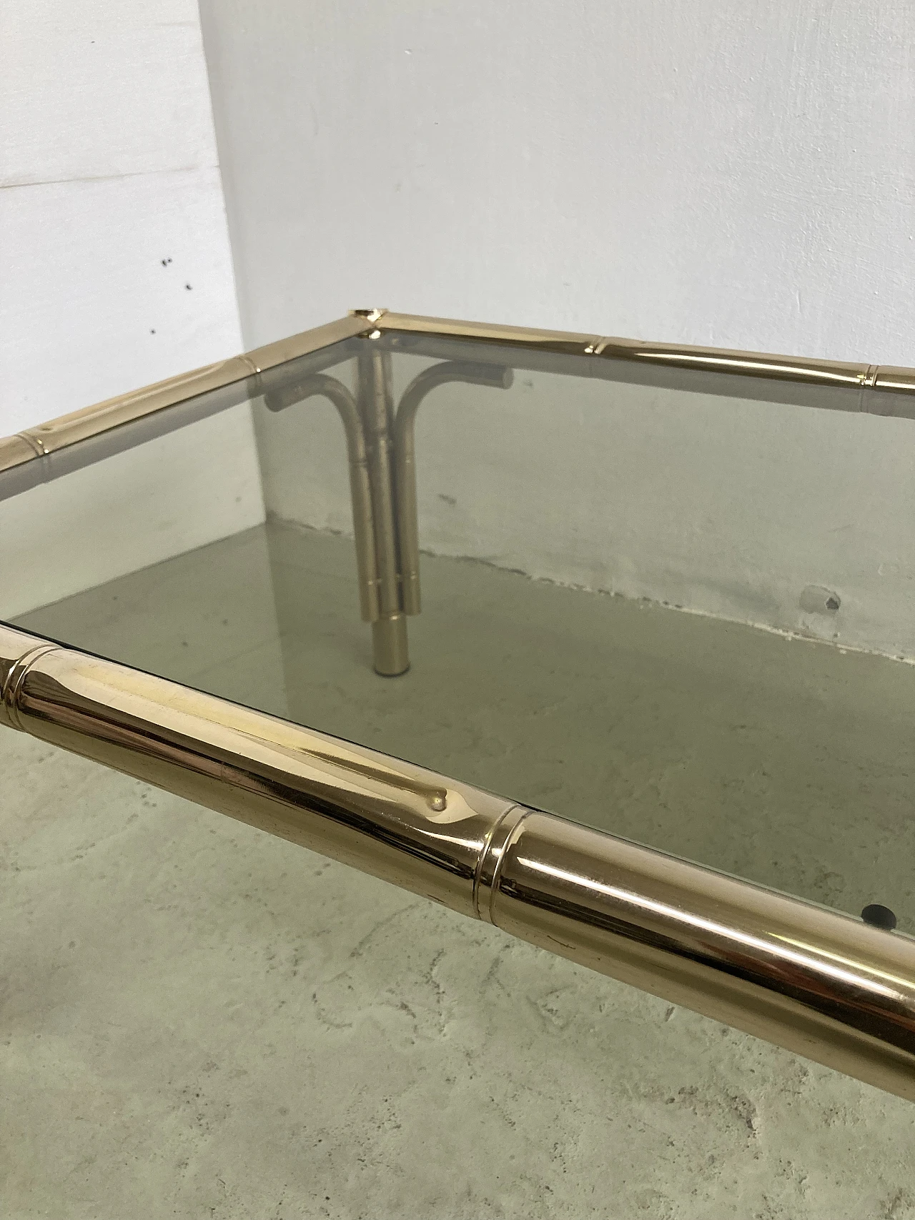 Coffee table with bamboo-shaped brass structure & glass top, 1970s 8