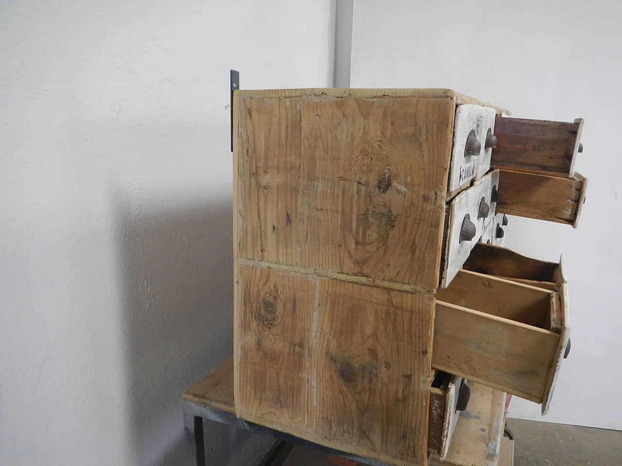 Haberdashery chest of drawers in natural fir wood & metal, 1950s 4