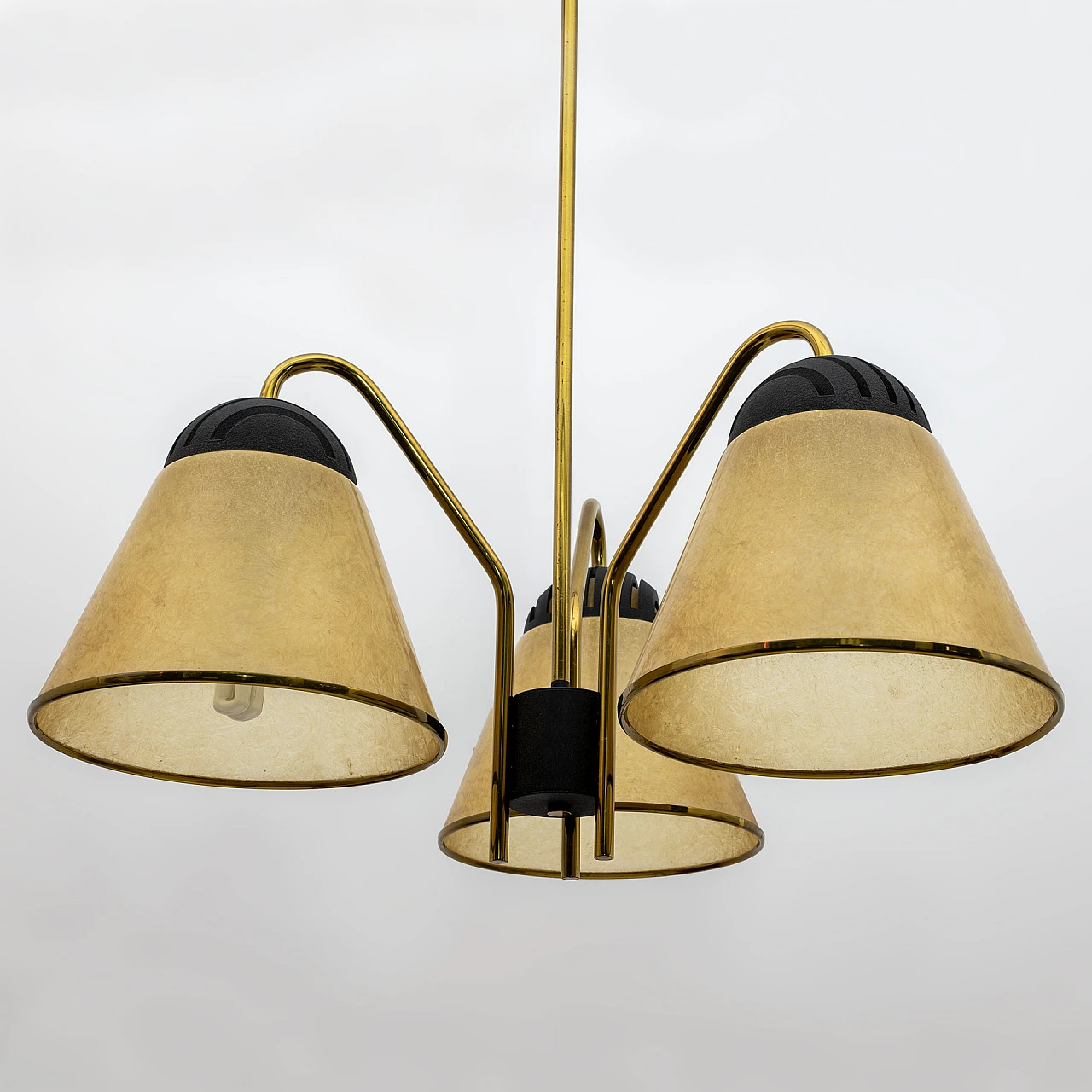 3-Light ceiling lamp in fiberglass & brass by Lamperti, 1970s 3