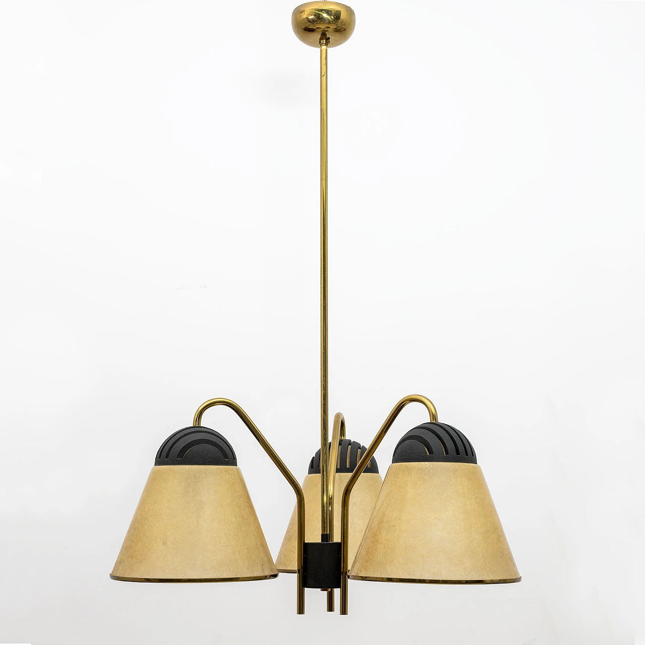 3-Light ceiling lamp in fiberglass & brass by Lamperti, 1970s 5