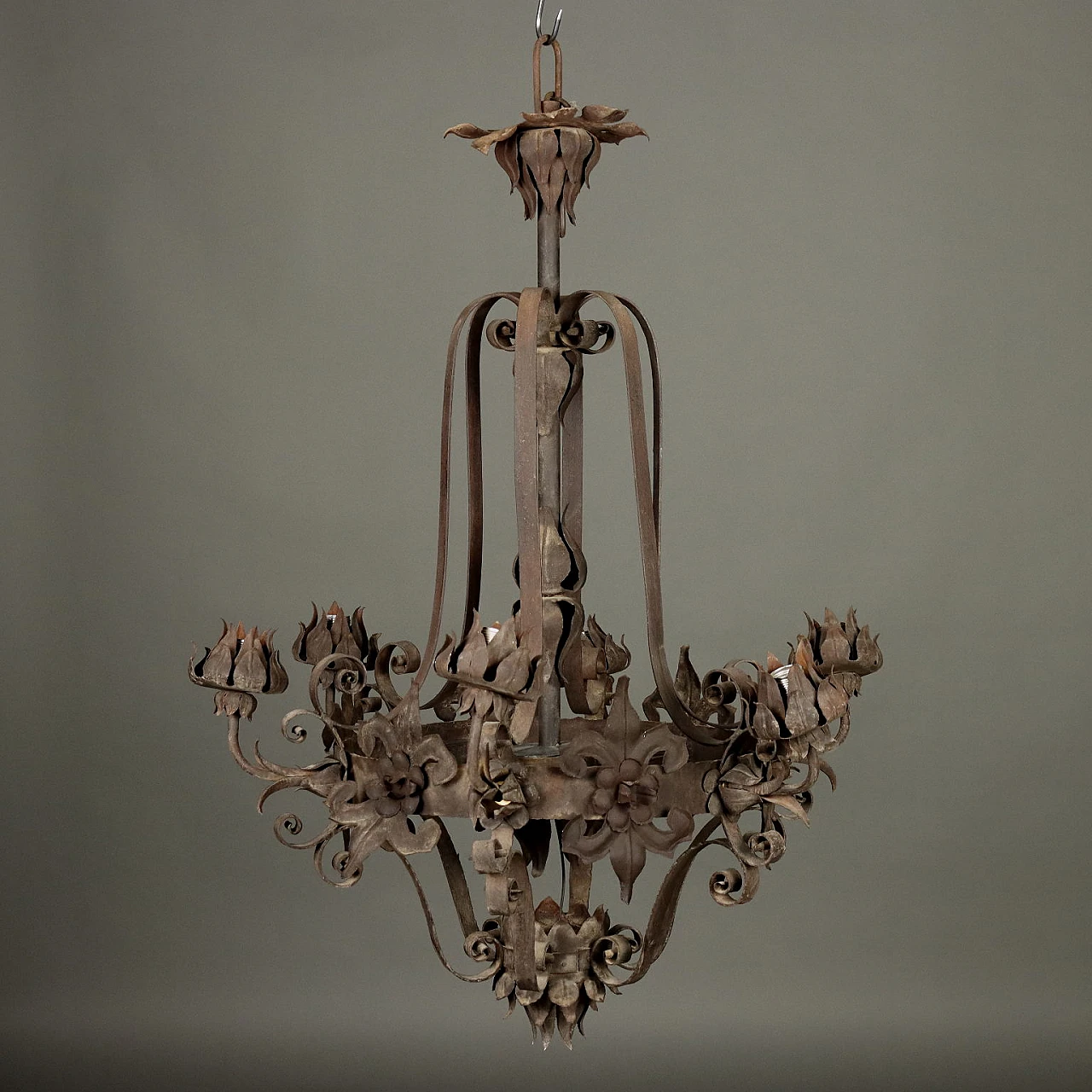 Wrought iron and sheet metal 6-light chandelier, 19th century 1