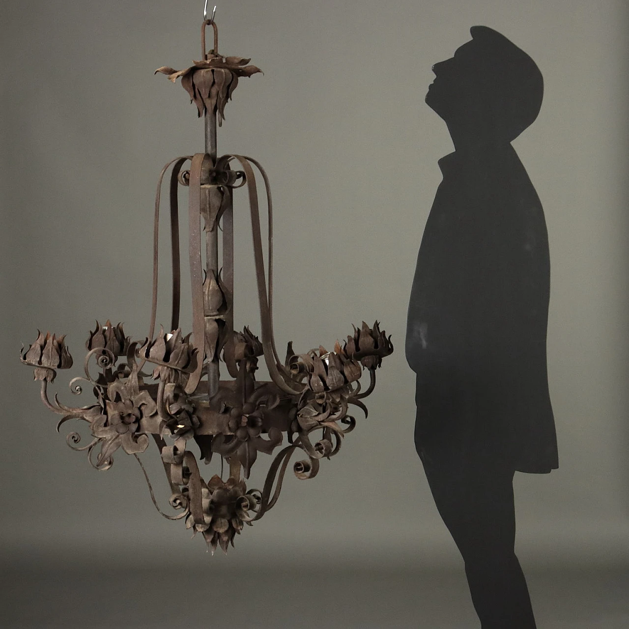 Wrought iron and sheet metal 6-light chandelier, 19th century 2