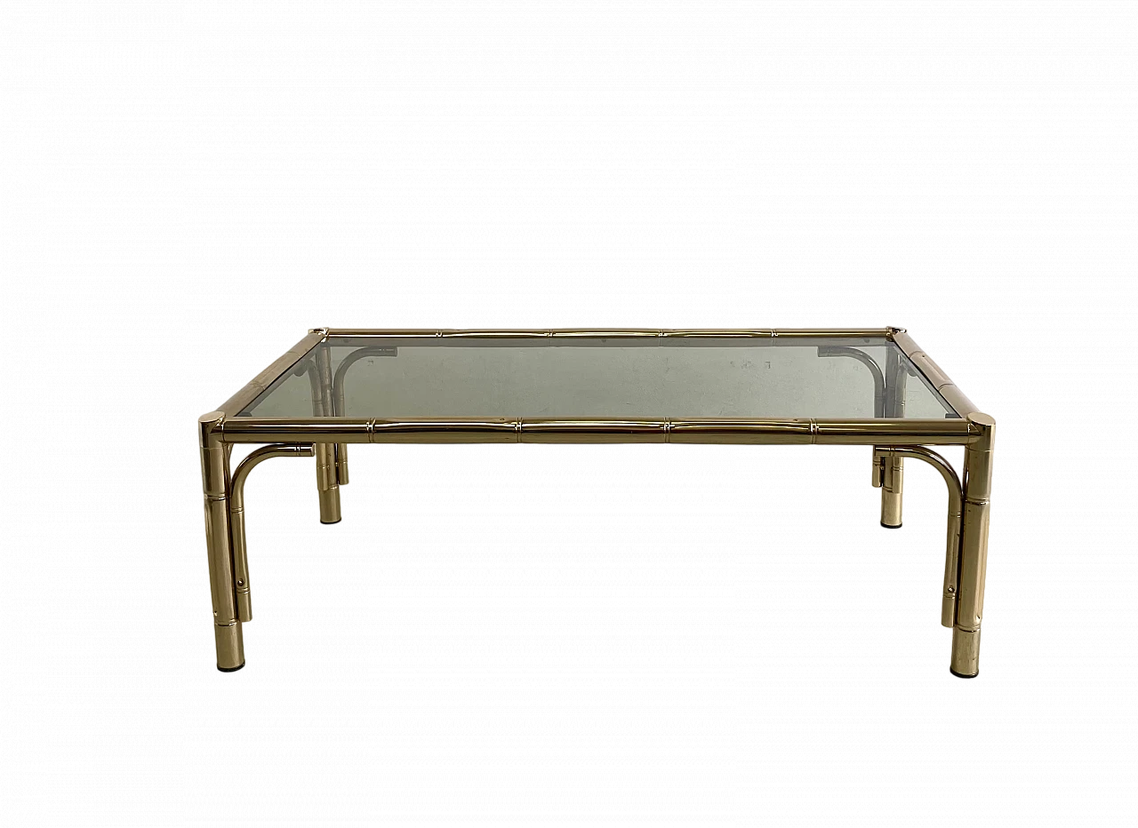 Coffee table with bamboo-shaped brass structure & glass top, 1970s 9