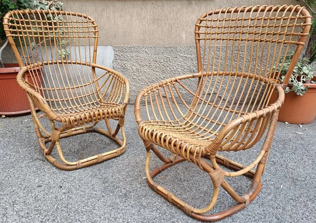 Pair of P04 armchairs in rattan by Tito Agnoli for P. Bonacina, 1960s 1