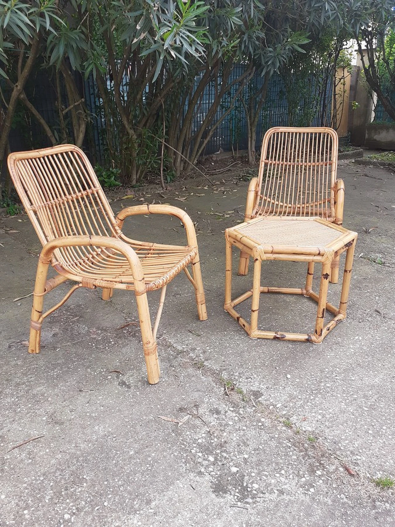 Pair of bamboo chairs and coffee table, 1970s 4