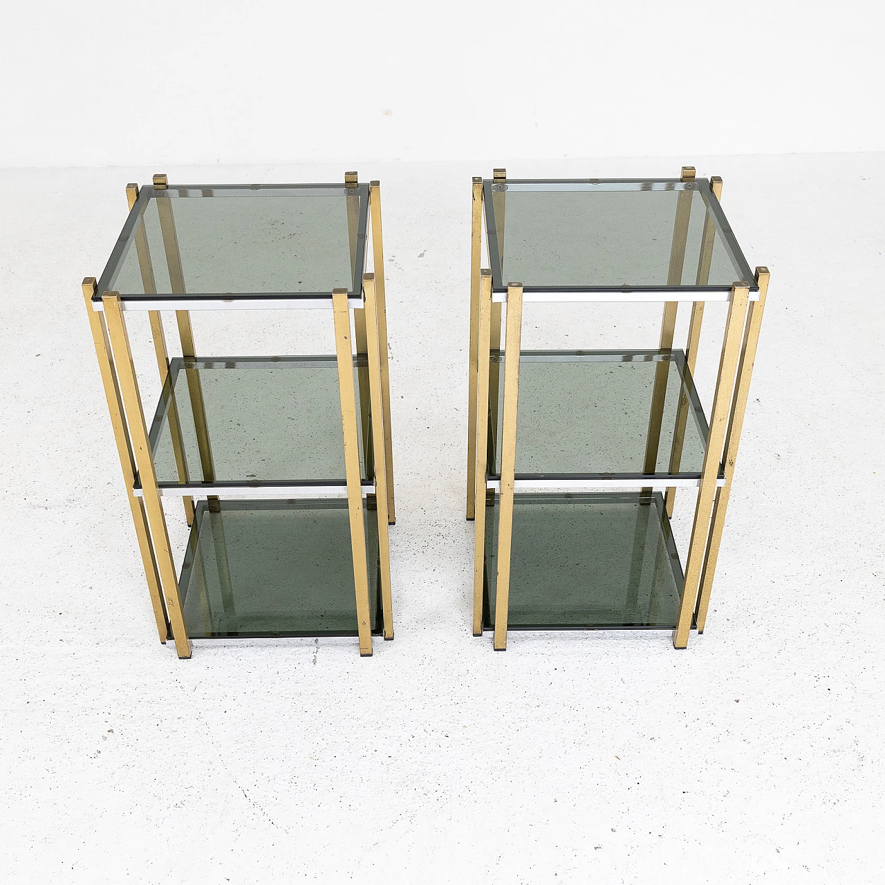 Pair of chromed and gilded metal and smoked glass coffee tables, 1970s 3