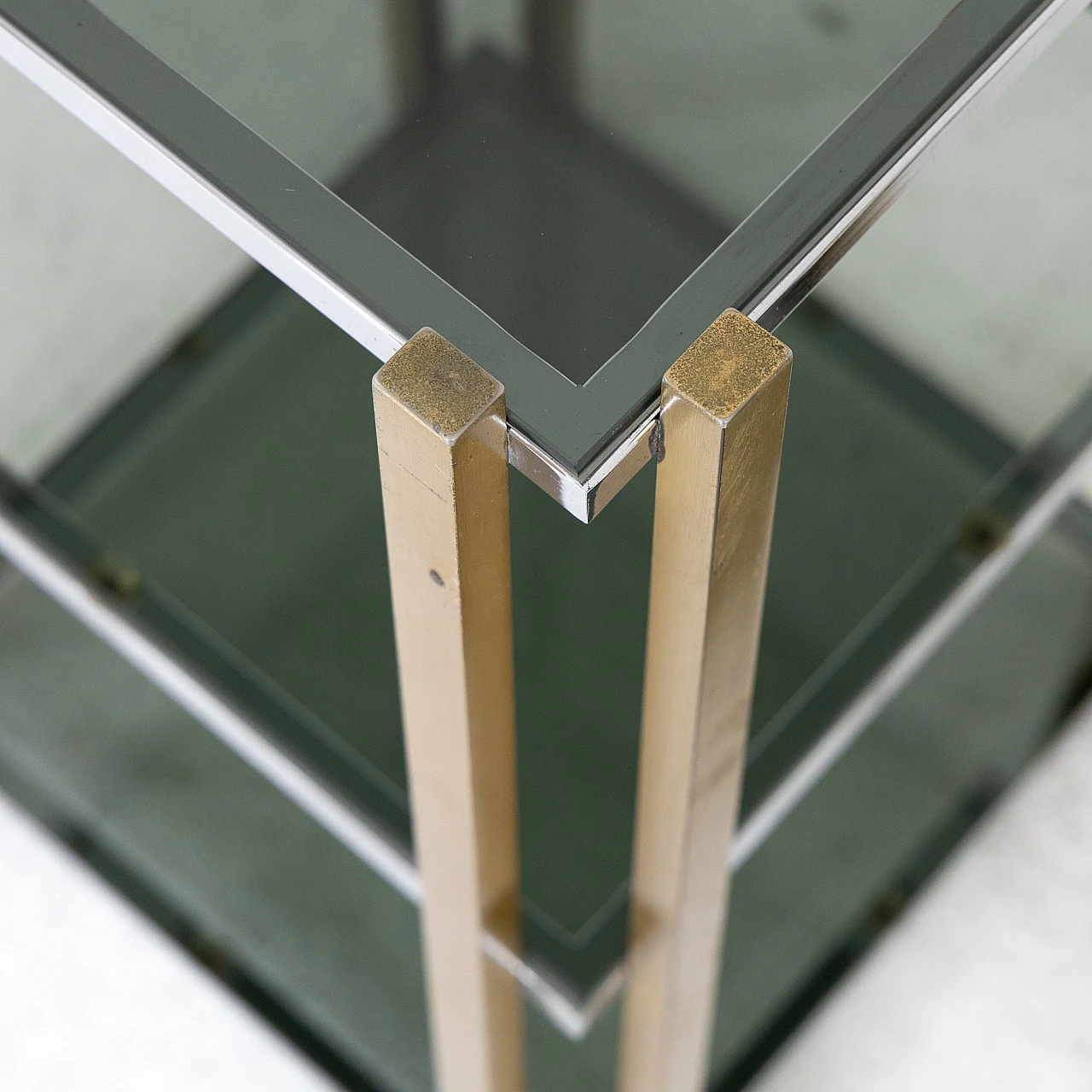 Pair of chromed and gilded metal and smoked glass coffee tables, 1970s 4