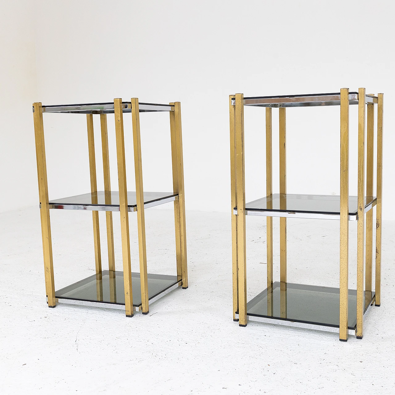 Pair of chromed and gilded metal and smoked glass coffee tables, 1970s 6