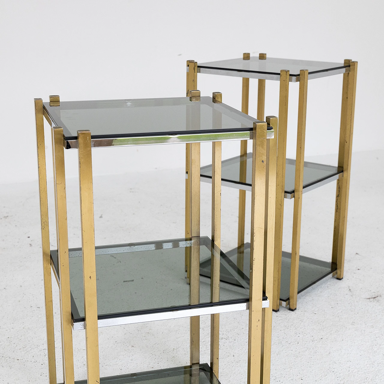 Pair of chromed and gilded metal and smoked glass coffee tables, 1970s 10