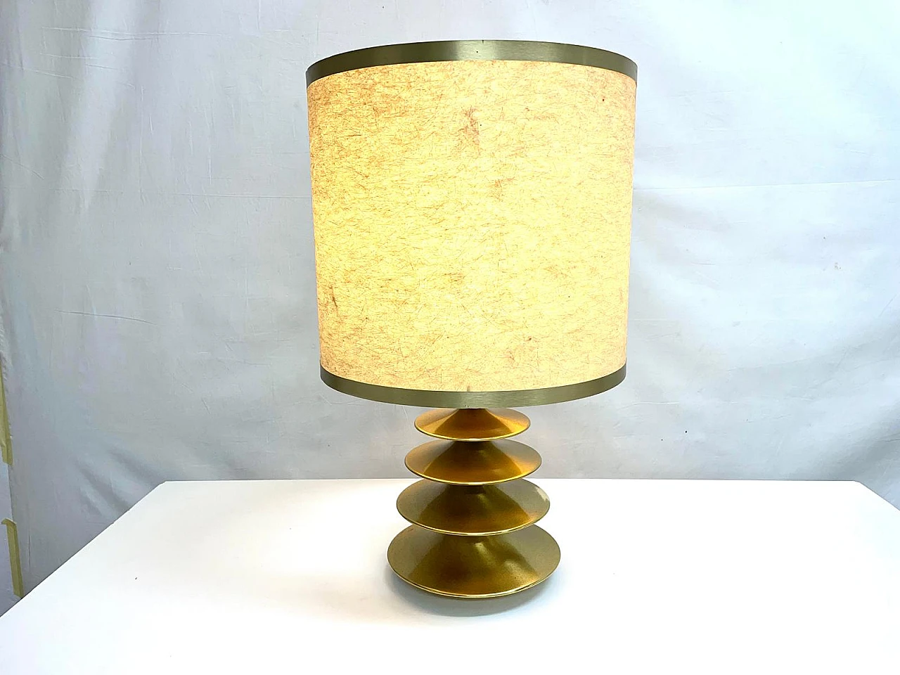 Brass table lamp with cylindrical shade, 1970s 1