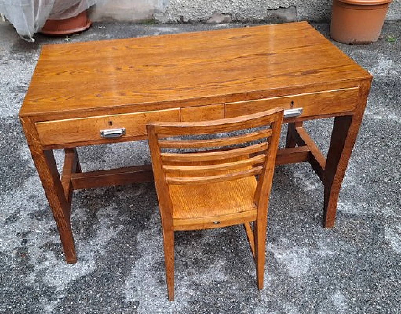 Scrivania in legno con cassetto doppio e sedia di Gio Ponti, anni '40 1