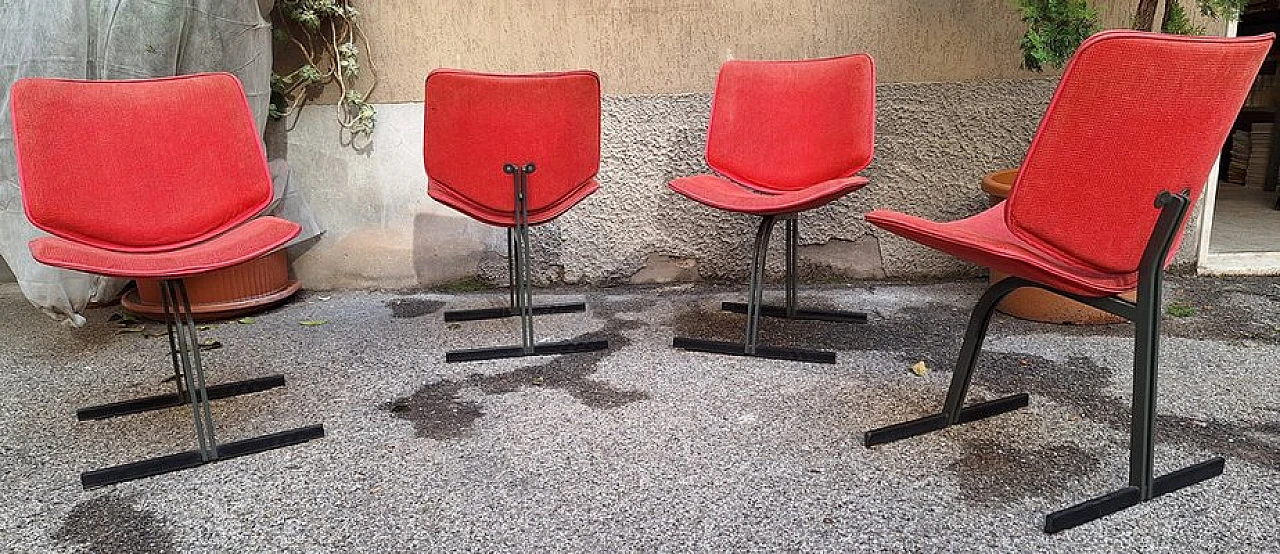 4 Chairs in iron and red fabric by G. Offredi for Saporiti, 1970s 3