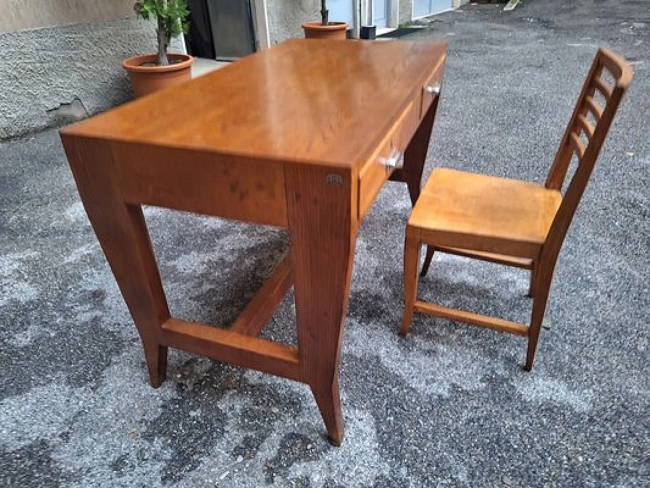 Scrivania in legno con cassetto doppio e sedia di Gio Ponti, anni '40 12