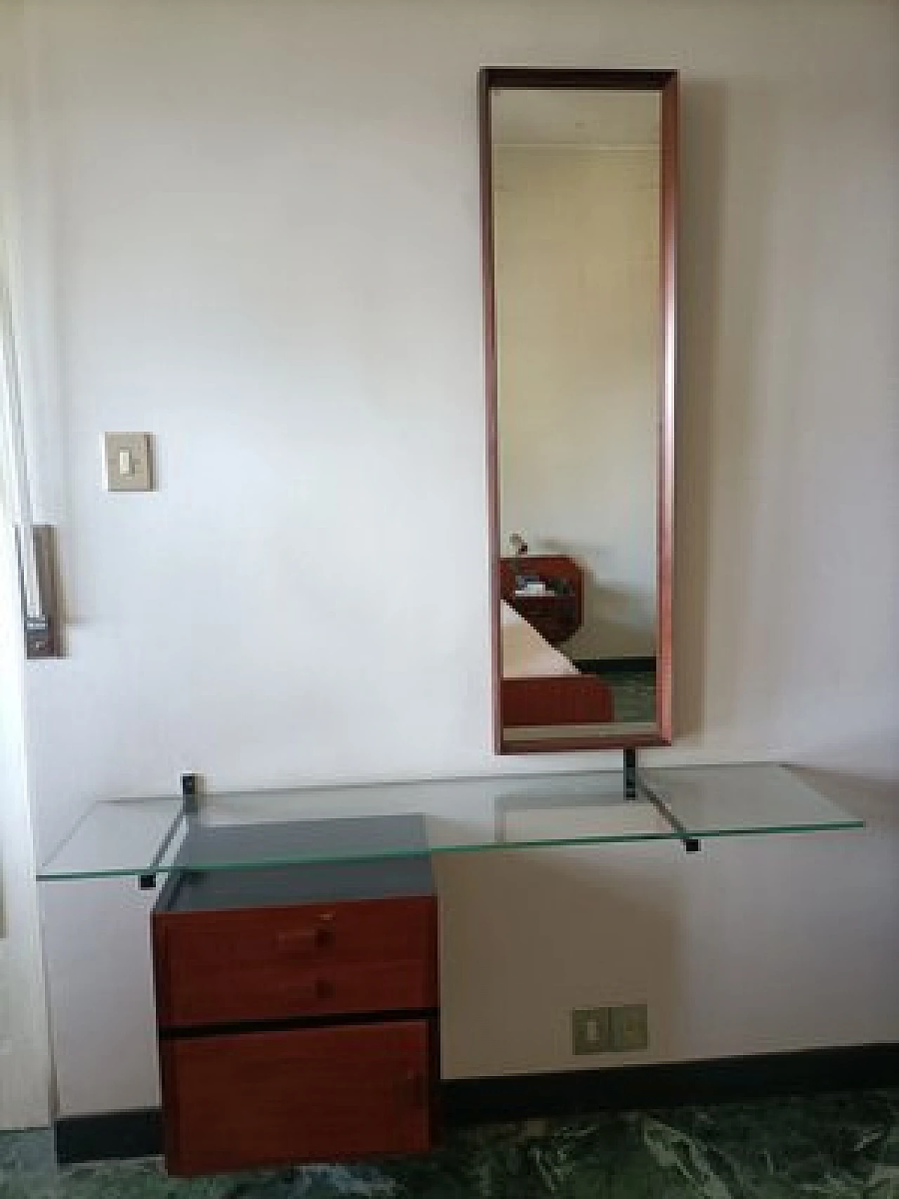 Console in iron and teak with drawers and glass top, 1950s 1