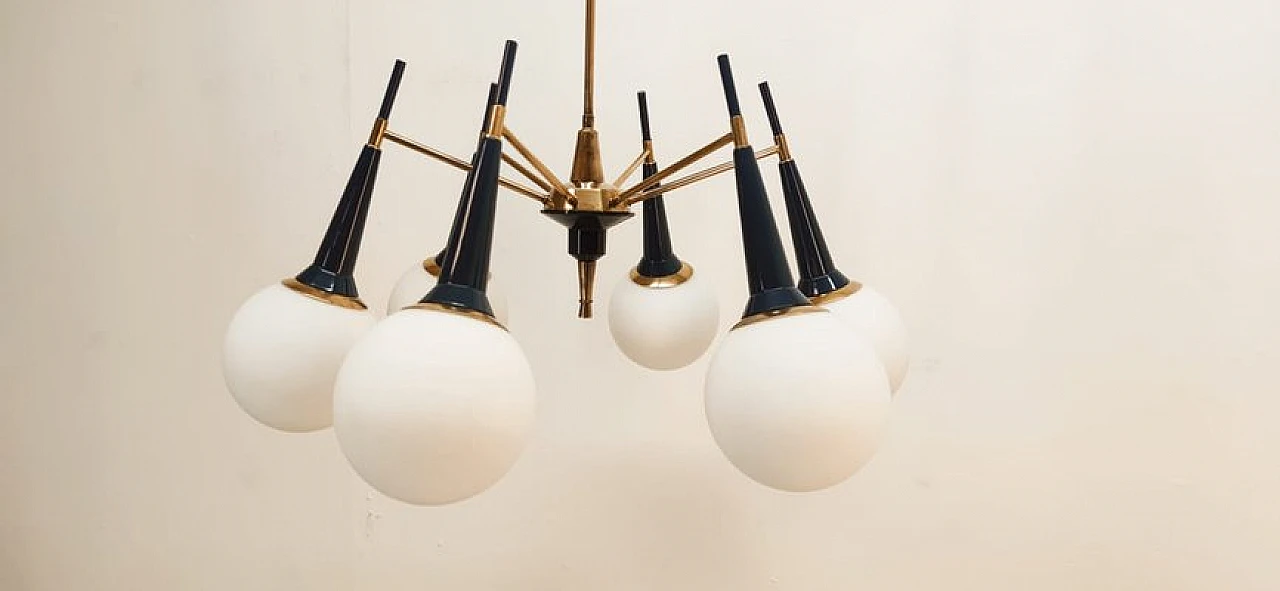 Lampadario Sputnik in ottone e vetro, anni '60 5